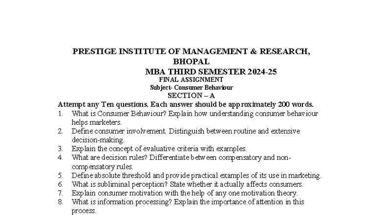 MBA 3rd Sem Final Assignment: Consumer Behaviour Exam Questions - Studocu