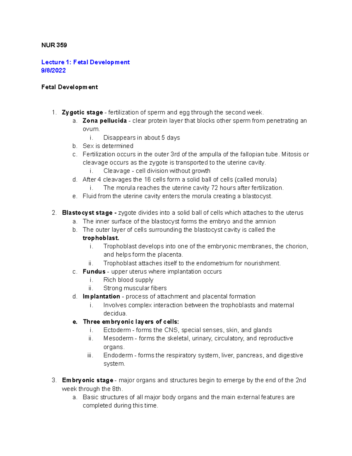 NUR 359 - OB Lecture Notes: Fetal Development & Postpartum Care - Studocu