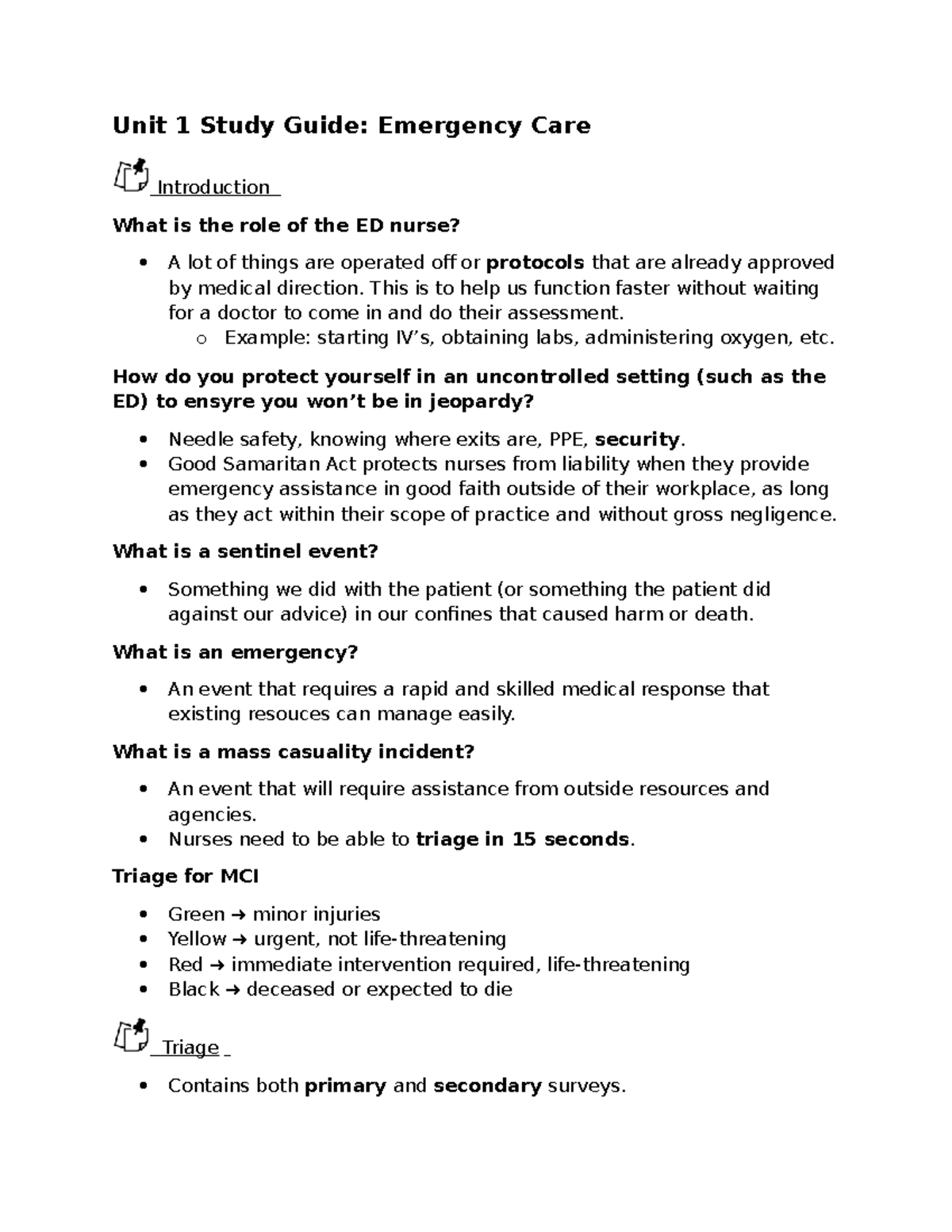 Unit 1 Study Guide: Emergency Care & ED Nursing Protocols - Studocu