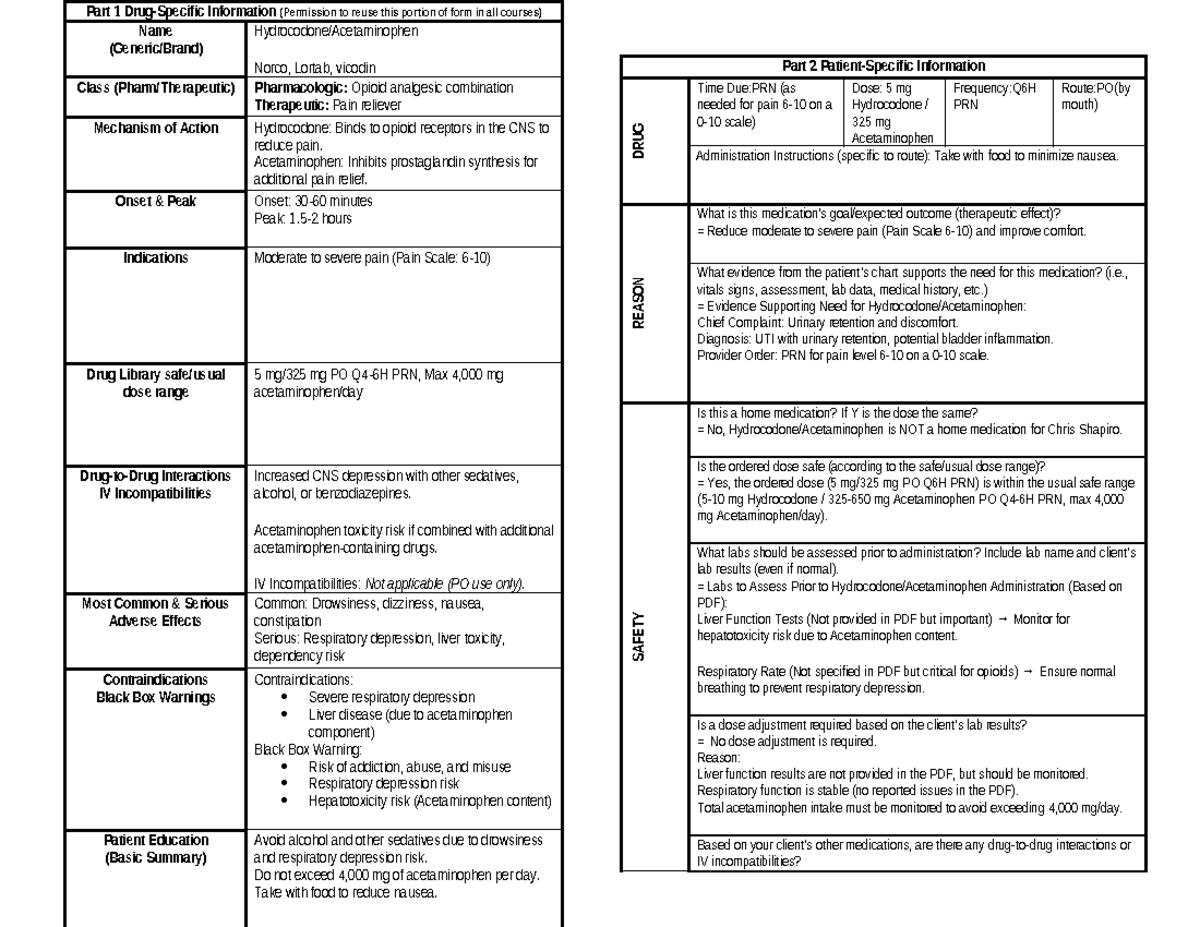 Patient-Specific Information for Hydrocodone/Acetaminophen TL4 - Studocu