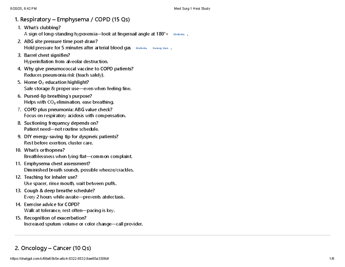 Med Surg 1 Hesi Study - Final Exam Notes on Respiratory, Oncology, and ...