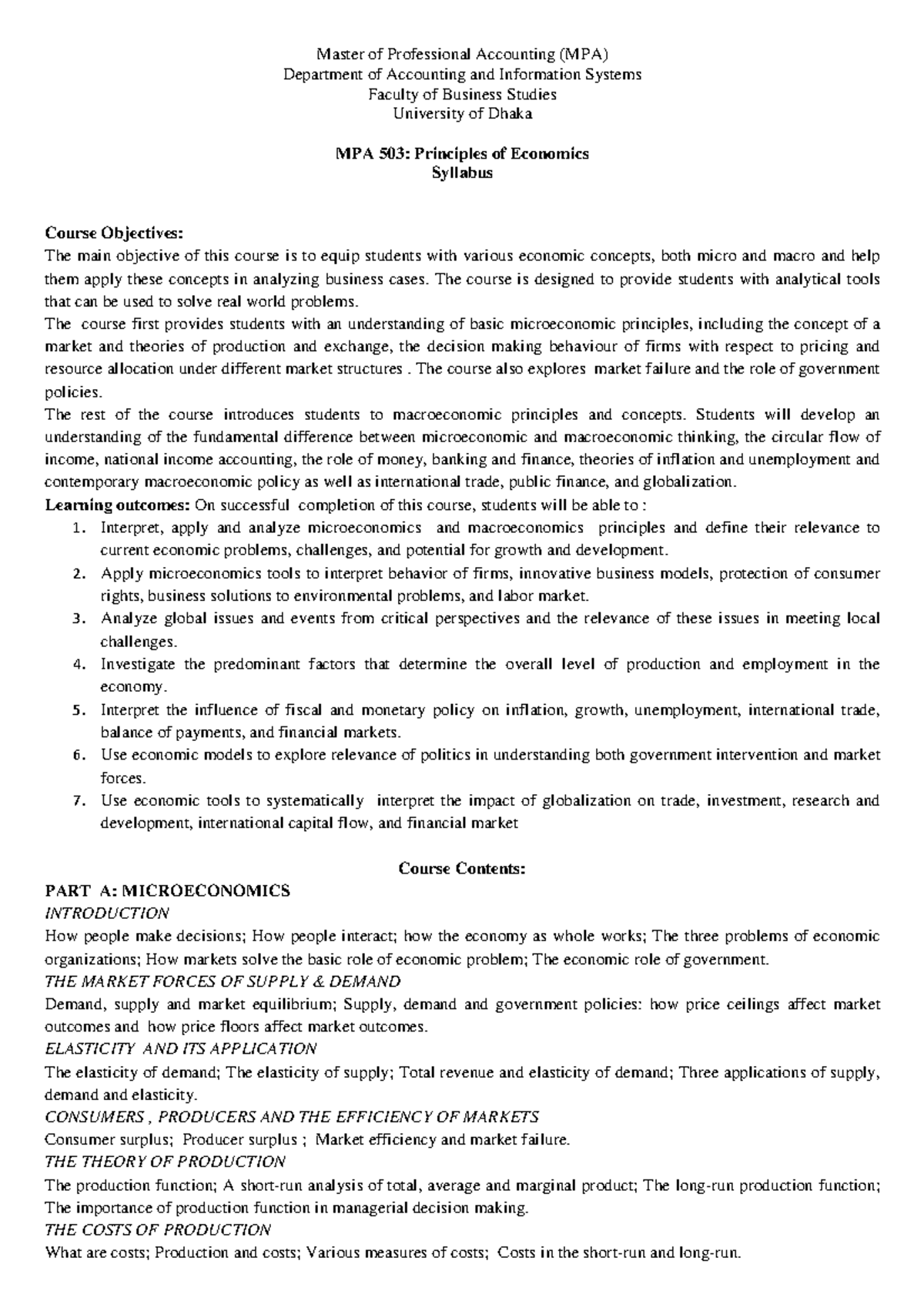 Syllabus for MPA 503: Principles of Economics - Course Overview - Studocu