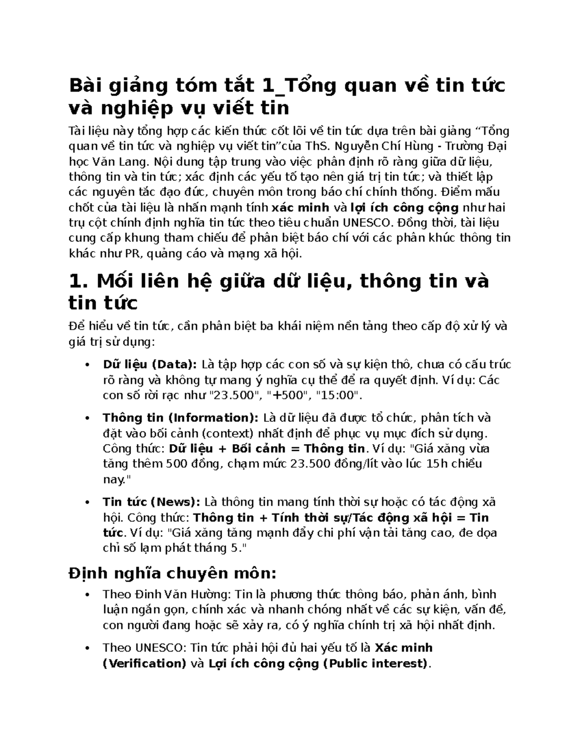 Tóm tắt Bài giảng 1: Tổng quan về Tin tức và Nghiệp vụ Viết Tin (HK 253 ...