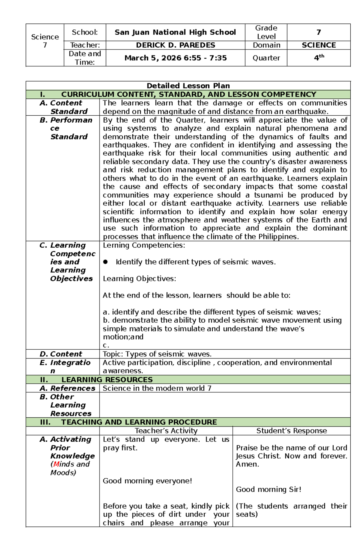 Grade 7 Science Lesson Plan: Understanding Seismic Waves - Studocu