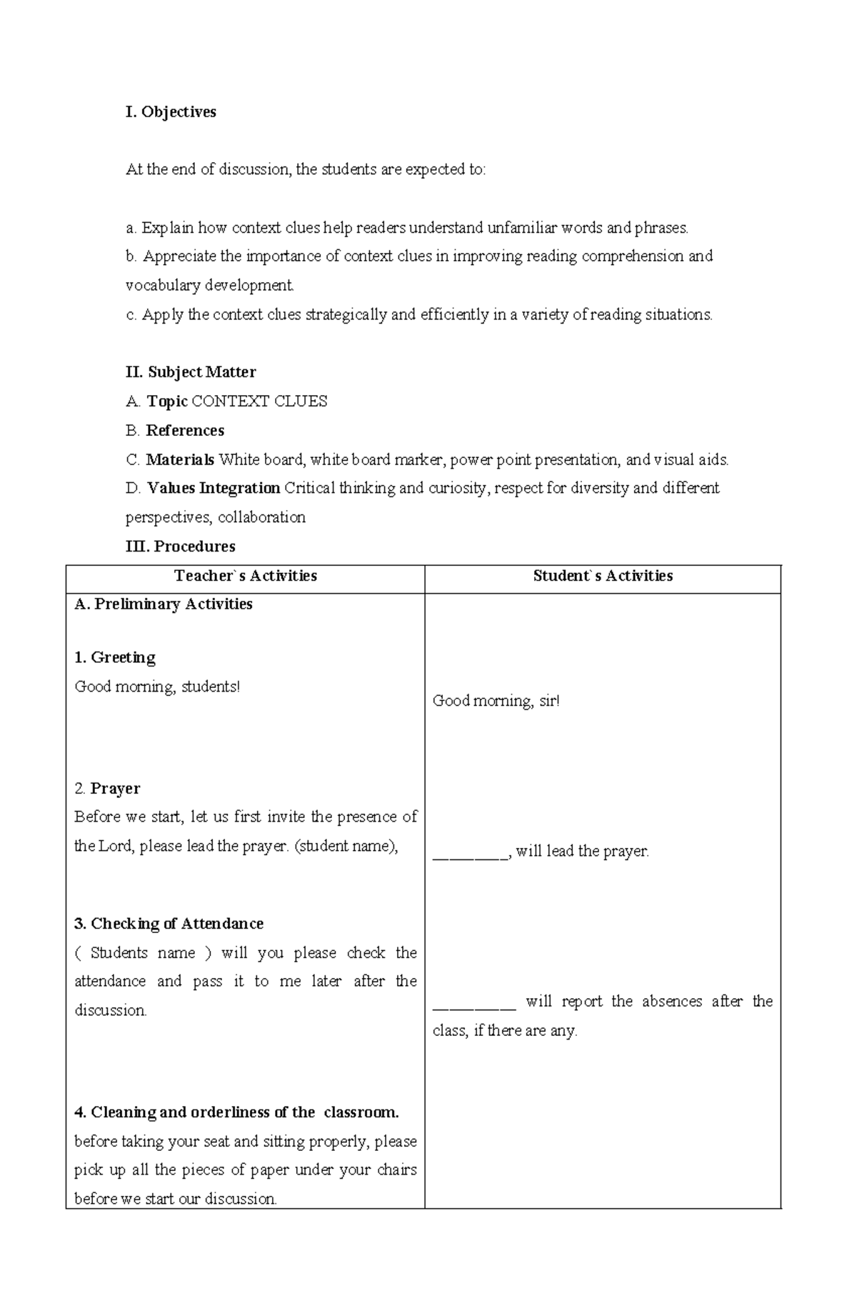 Context Clues Lesson Plan (ENG 101) - Objectives & Activities - Studocu