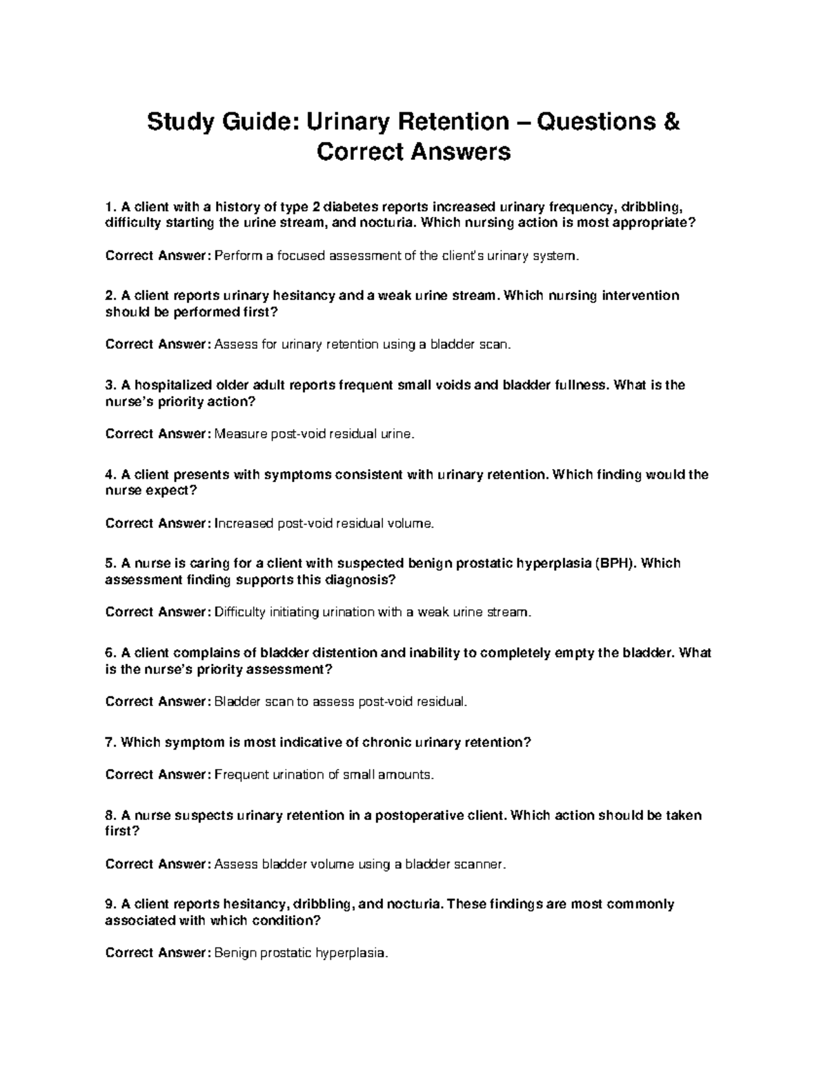 Urinary Retention Study Guide: Key Questions & Answers - Studocu