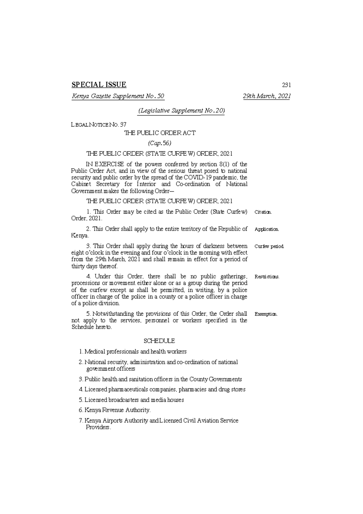 Legal Notice No. 37: Public Order (State Curfew) Order, 2021 - Studocu
