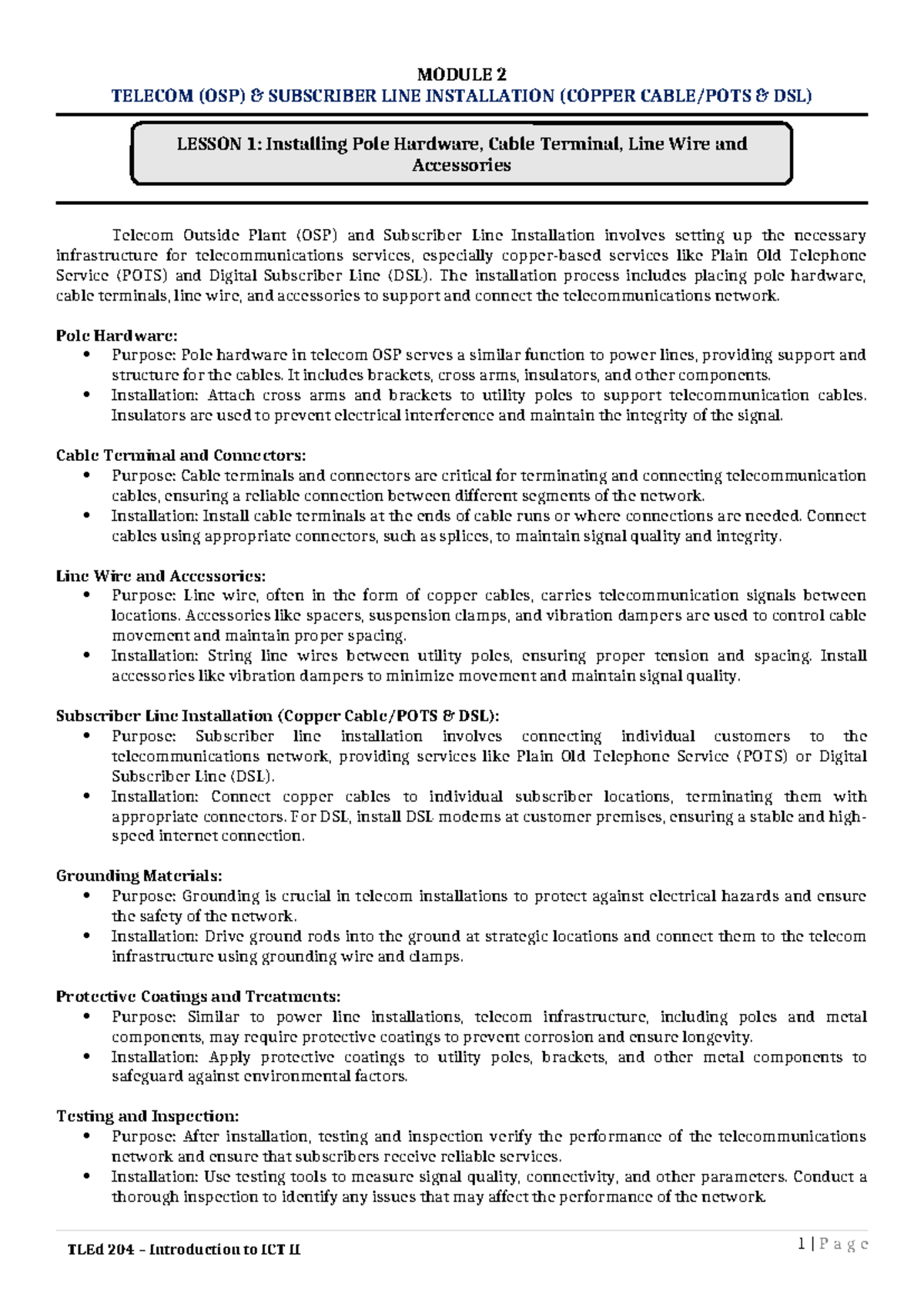 TLEd 204 Chapter 2 Lesson 1: Copper DSL Subscriber Line Installation ...