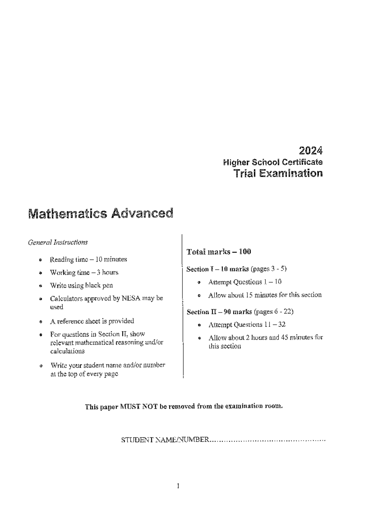 Independent 2024 HSC Trial Exam Solutions: Mathematics Advanced - Studocu