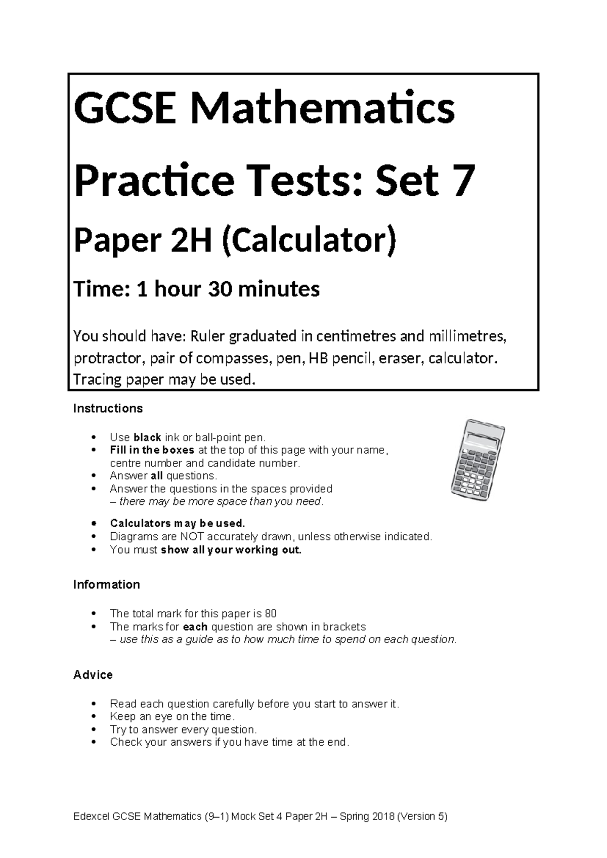 Edexcel GCSE Maths Practice Tests: Set 7 Paper 2H QP - Studocu