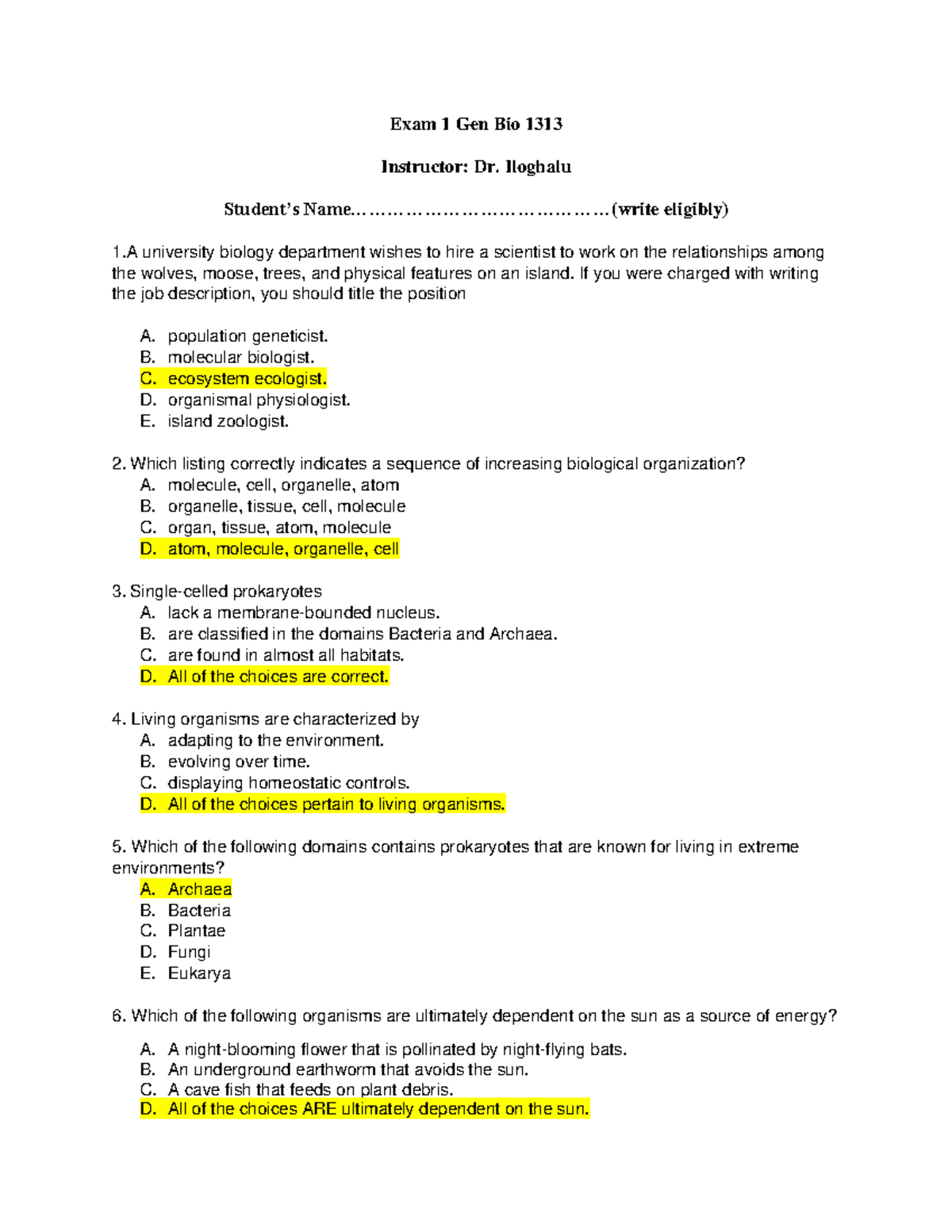 Exam 1 Gen Bio 1313 - Studocu