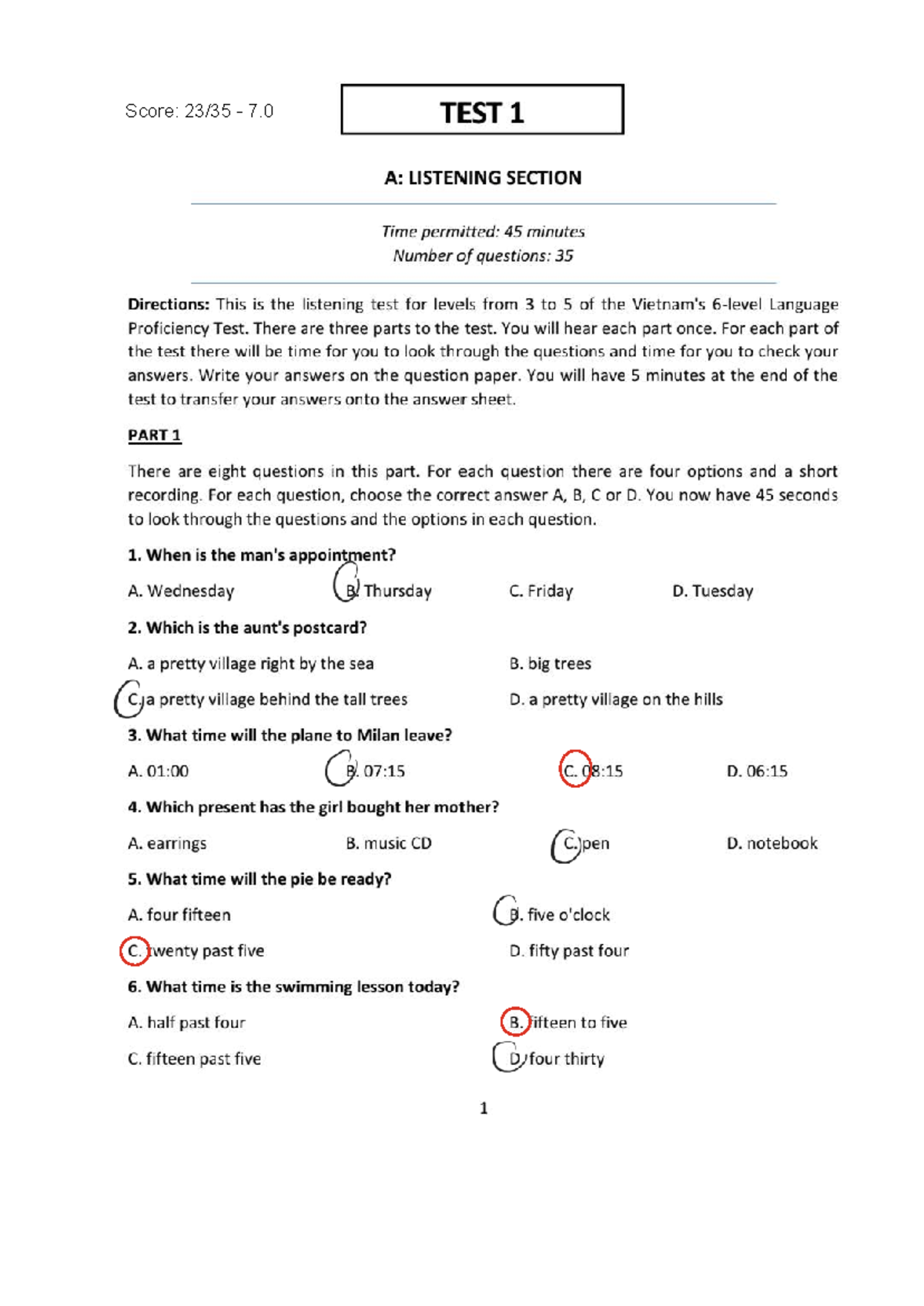 TEST 1: Listening & Reading Sections (Levels 3-5) - Studocu