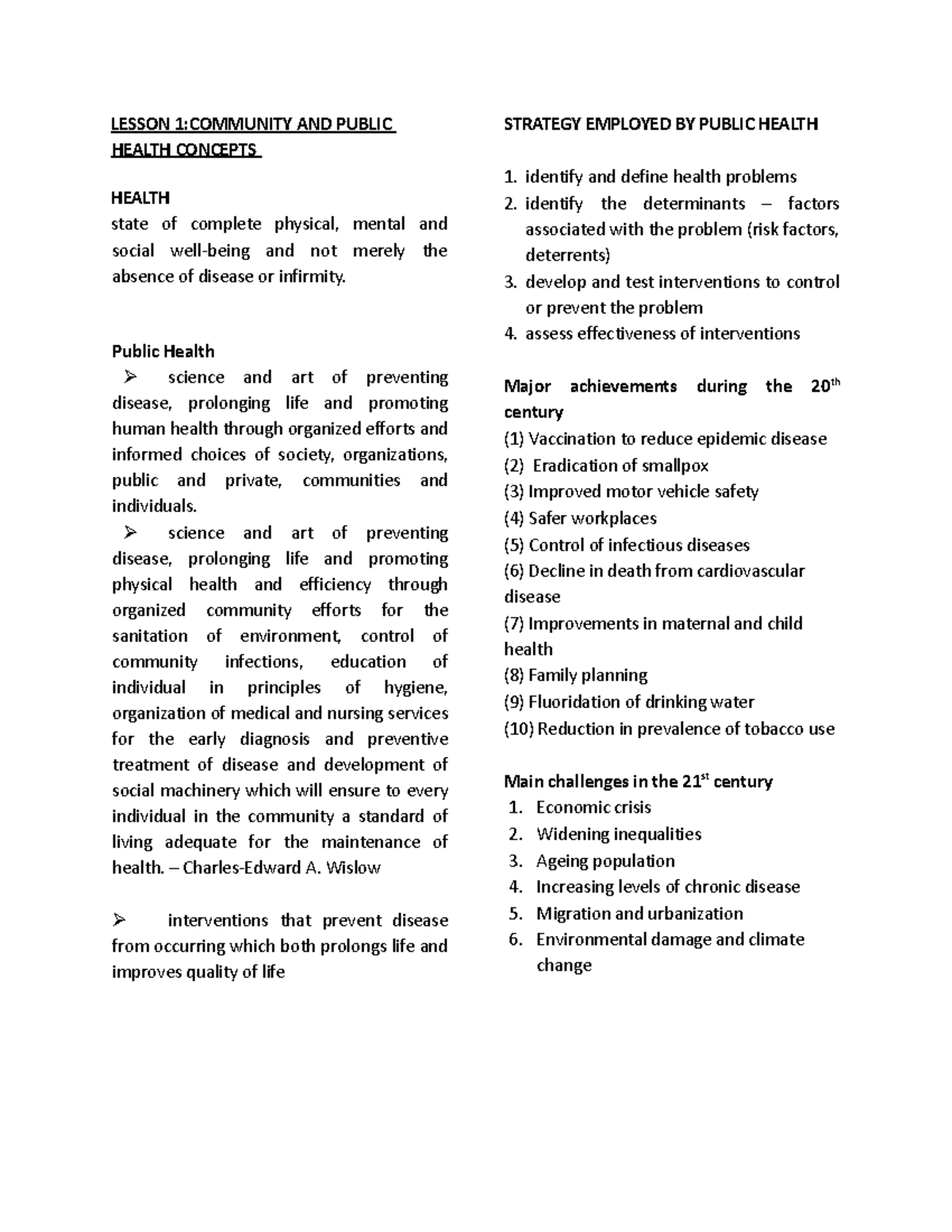 CPH Lesson 1 Notes - LESSON 1:COMMUNITY AND PUBLIC HEALTH CONCEPTS ...