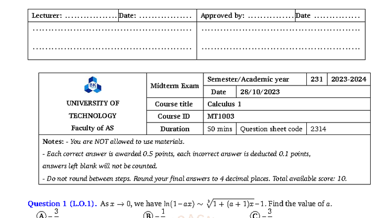GK2314 - Midterm Exam Review for Calculus 1 - Studocu
