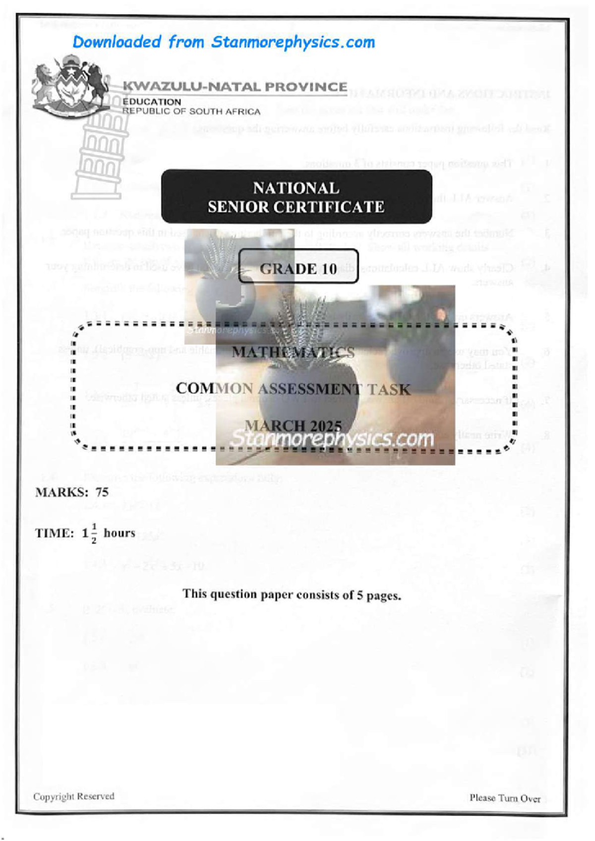 KZN Grade 10 Maths March 2025 Common Test QP & Memo - Studocu