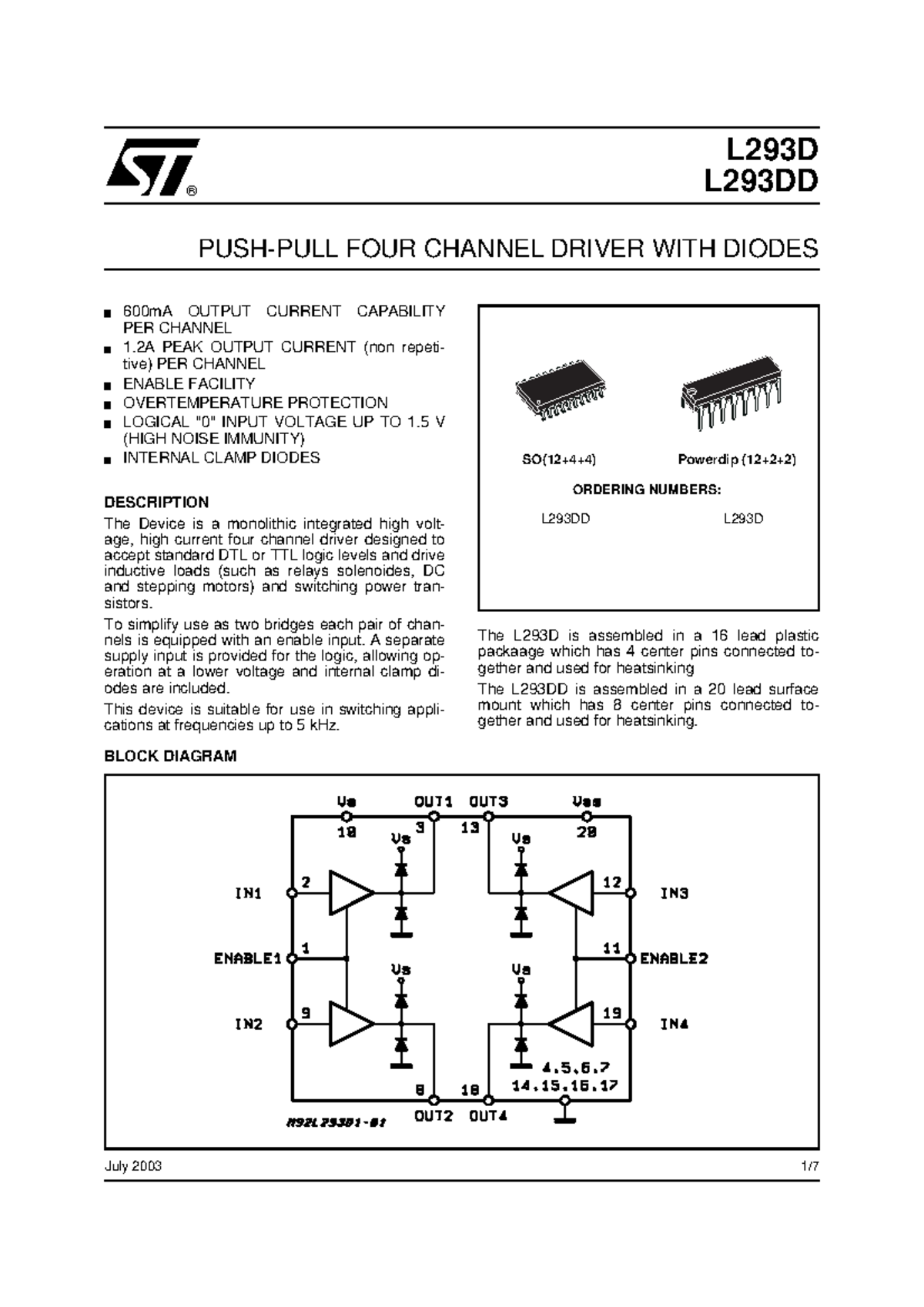 L293D - Microcontroller - L293D L293DD PUSH-PULL FOUR CHANNEL DRIVER ...