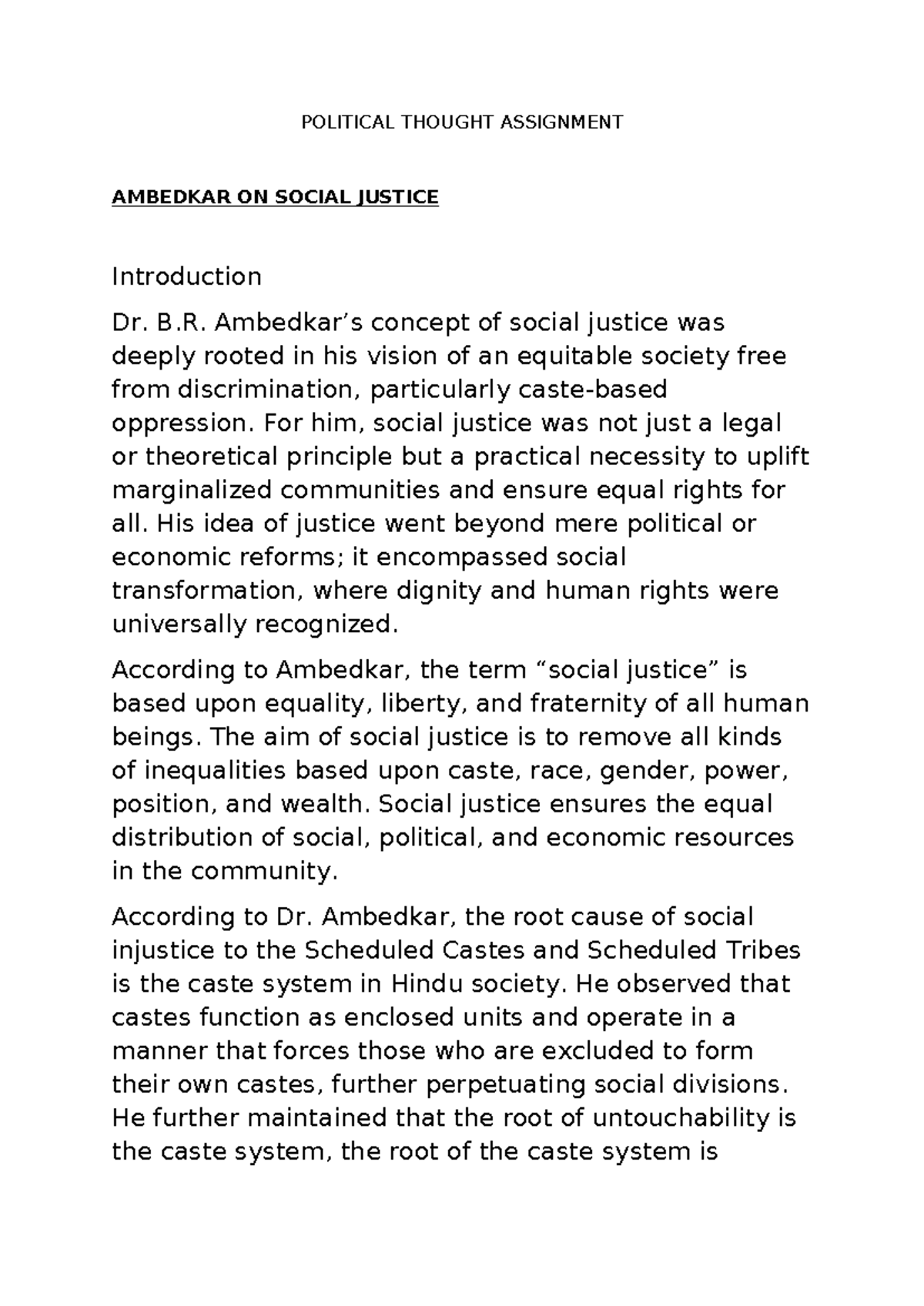 POLITICAL THOUGHT ASSIGNMENT: AMBEDKAR'S VISION OF SOCIAL JUSTICE - Studocu