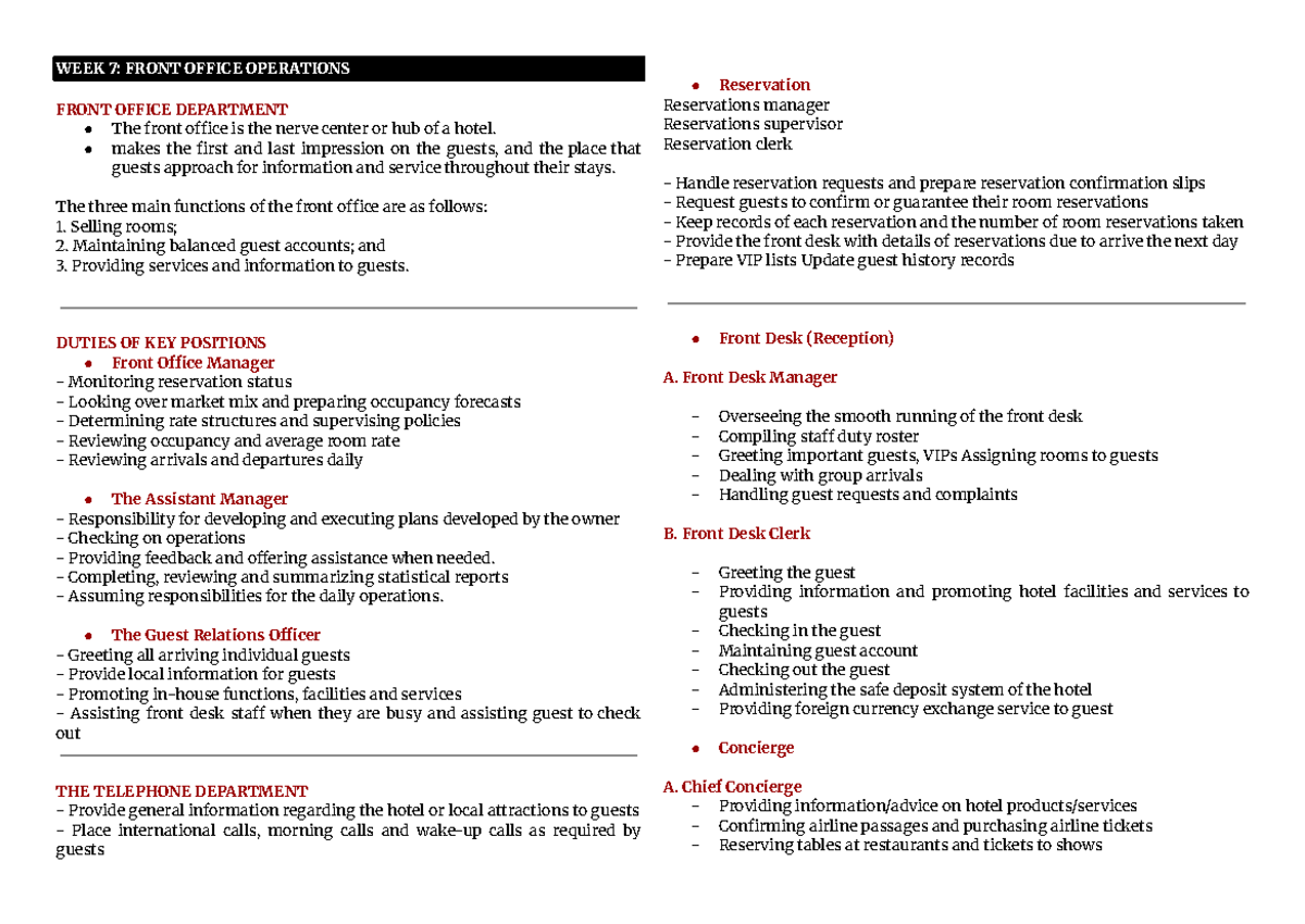 WEEK 7: Front Office Operations Overview and Key Duties - Studocu