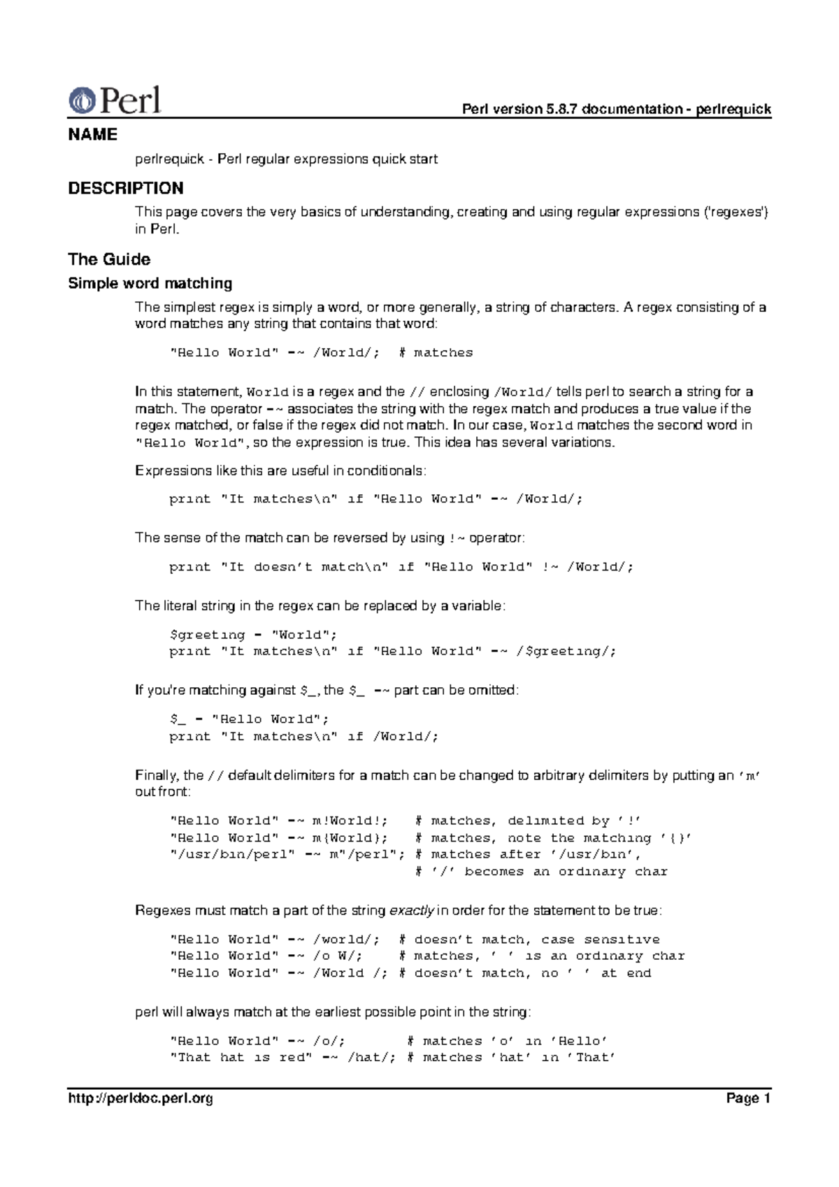 Perl 5.8.7 Documentation: Quick Start to Regular Expressions - Studocu