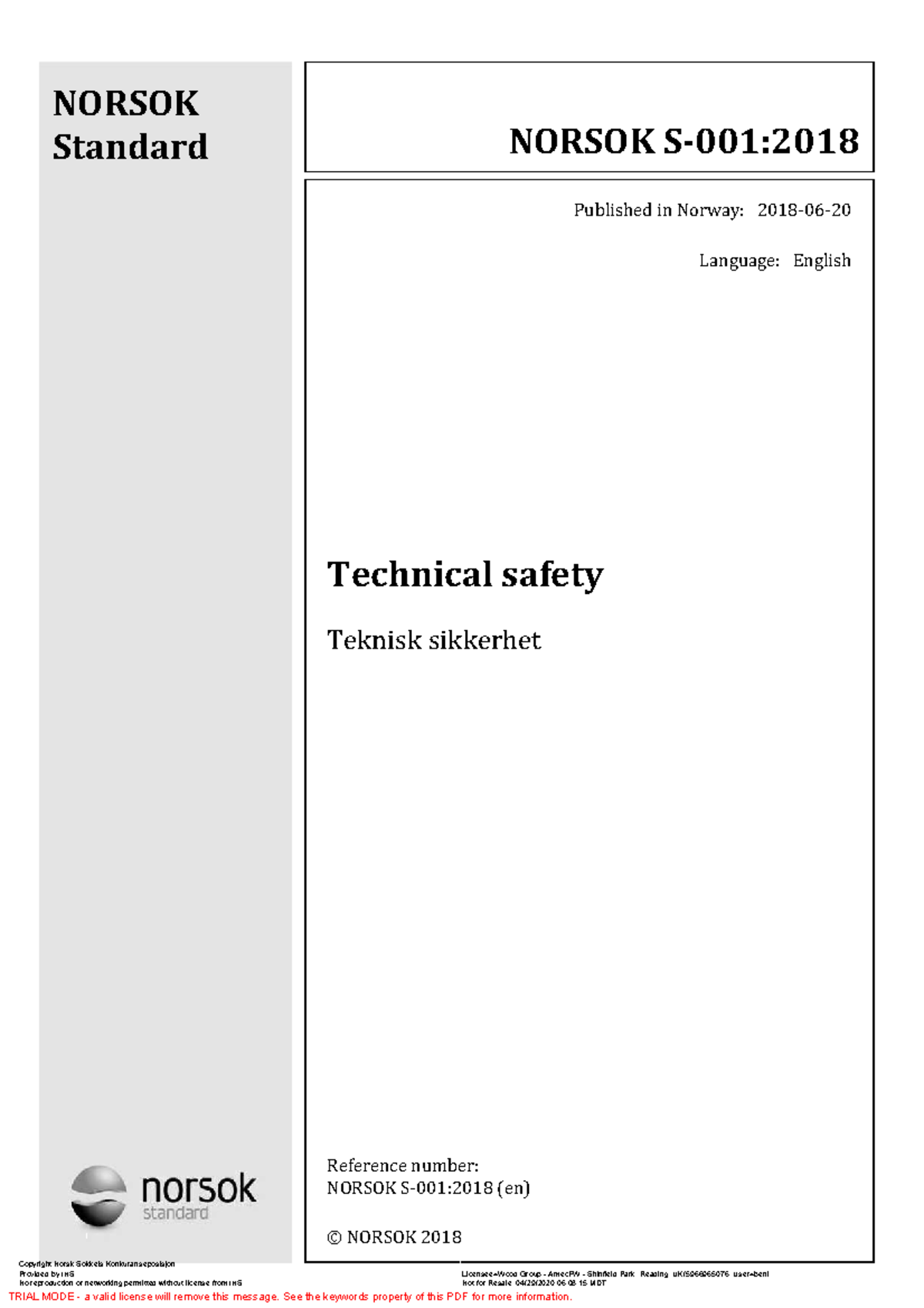 NORSOK S001 - Technical Safety Standards Overview - Document Preview