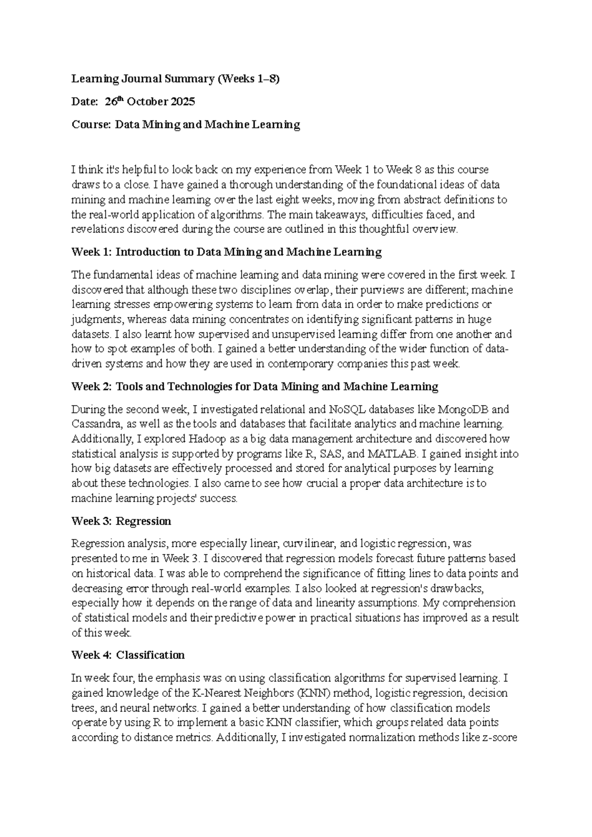 Data Mining & Machine Learning: Learning Journal Summary (Weeks 1-8 ...