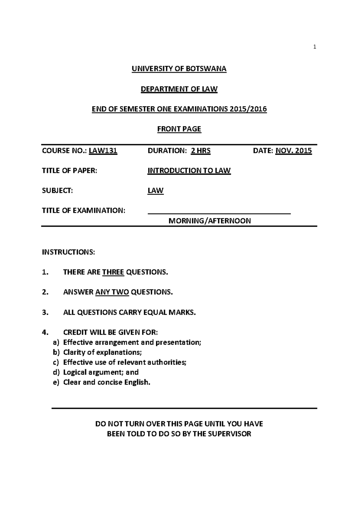 Law 131 Final Exam Paper - Introduction to Law November 2015 - Studocu