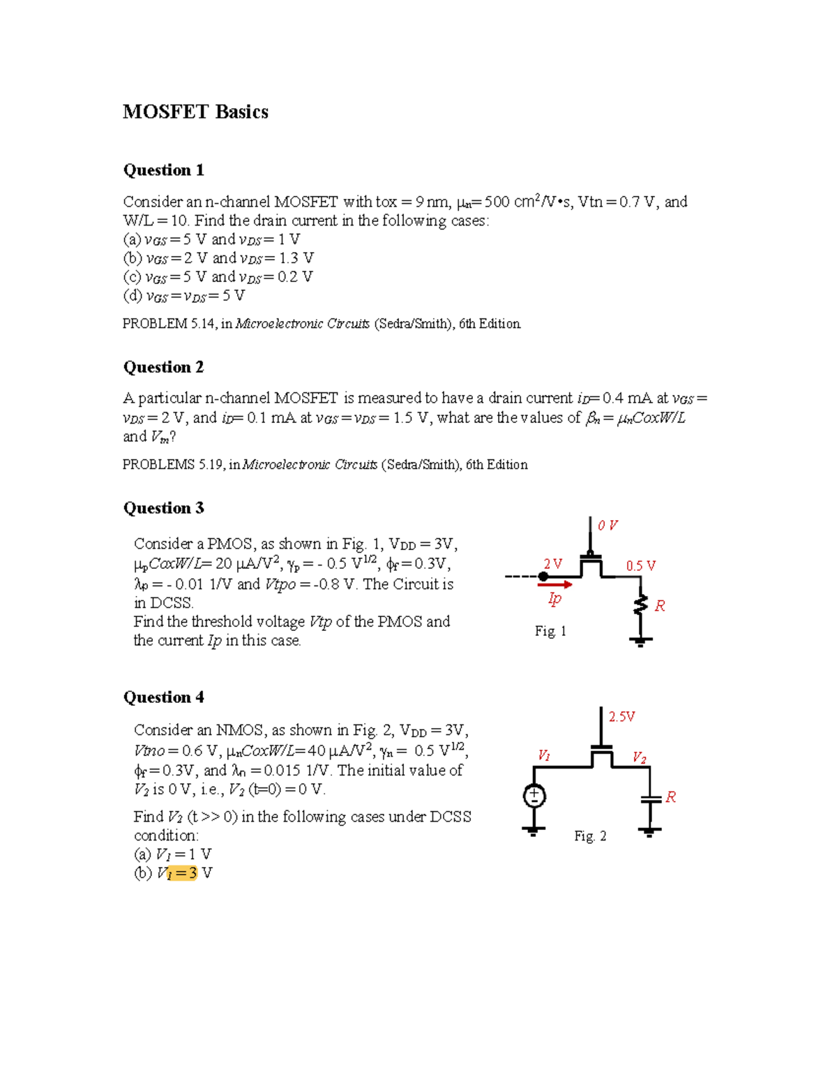 MOSFET Analysis Problems - Assignment 2 (Microelectronic Circuits ...