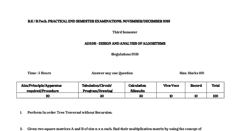 AD3351 DESIGN AND ANALYSIS OF ALGORITHMS PRACTICAL NOTES - Studocu