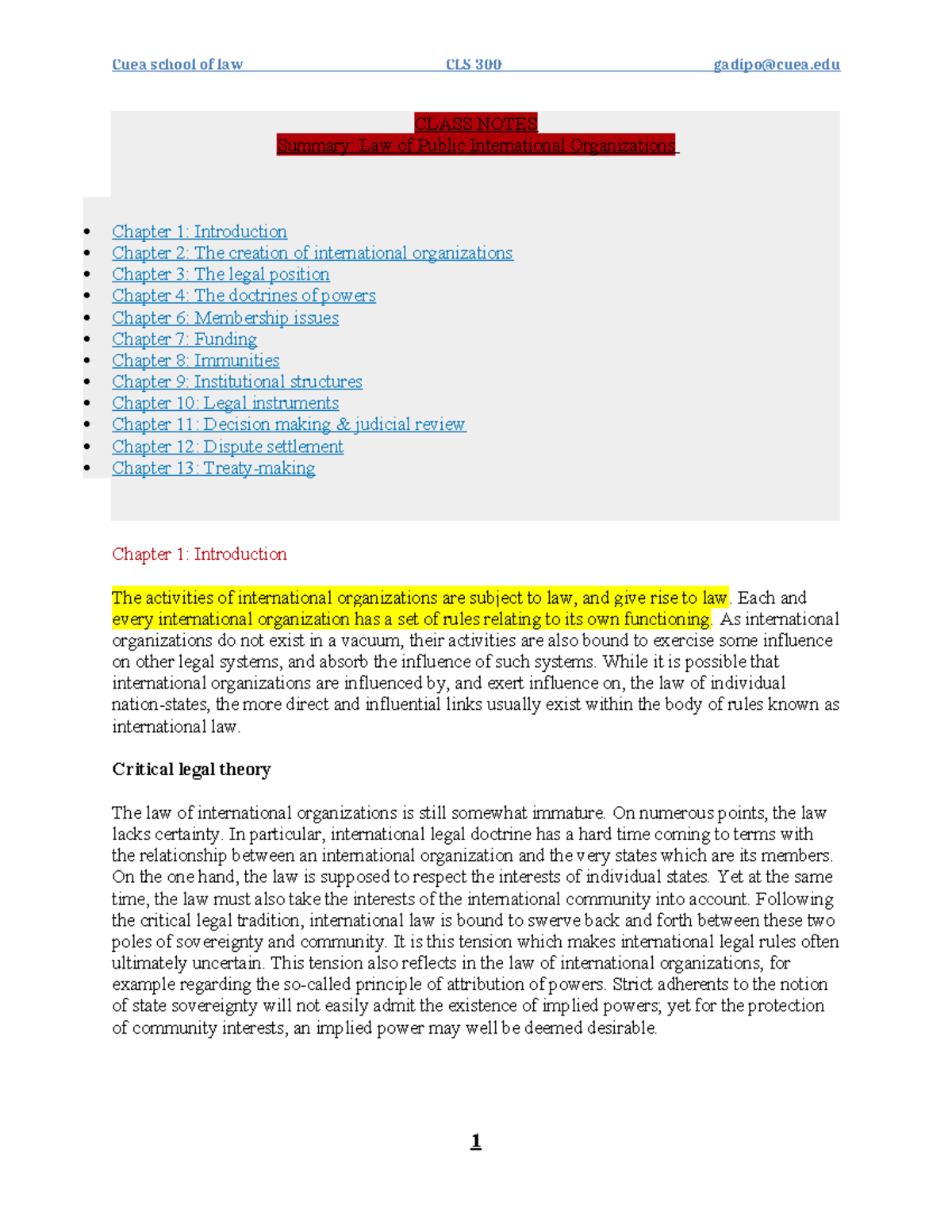 Law of Int. Institutions Class Notes: Foundations & Key Concepts - Document Preview