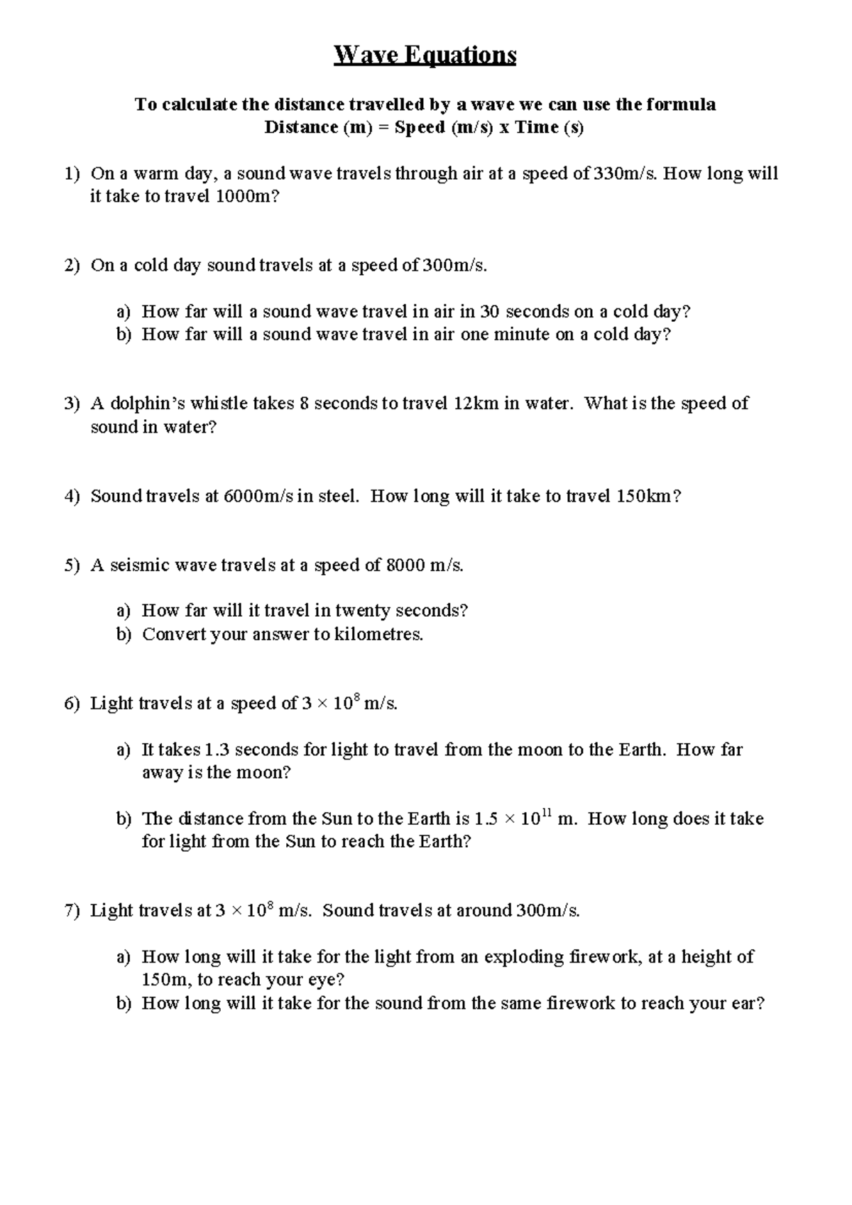 Wave equation questions 2 - speeds, distances and times - Wave ...