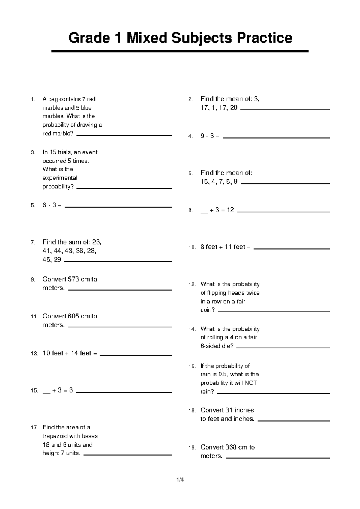 Grade 1 Mixed Subjects Practice 2: Math & Probability Exercises - Studocu