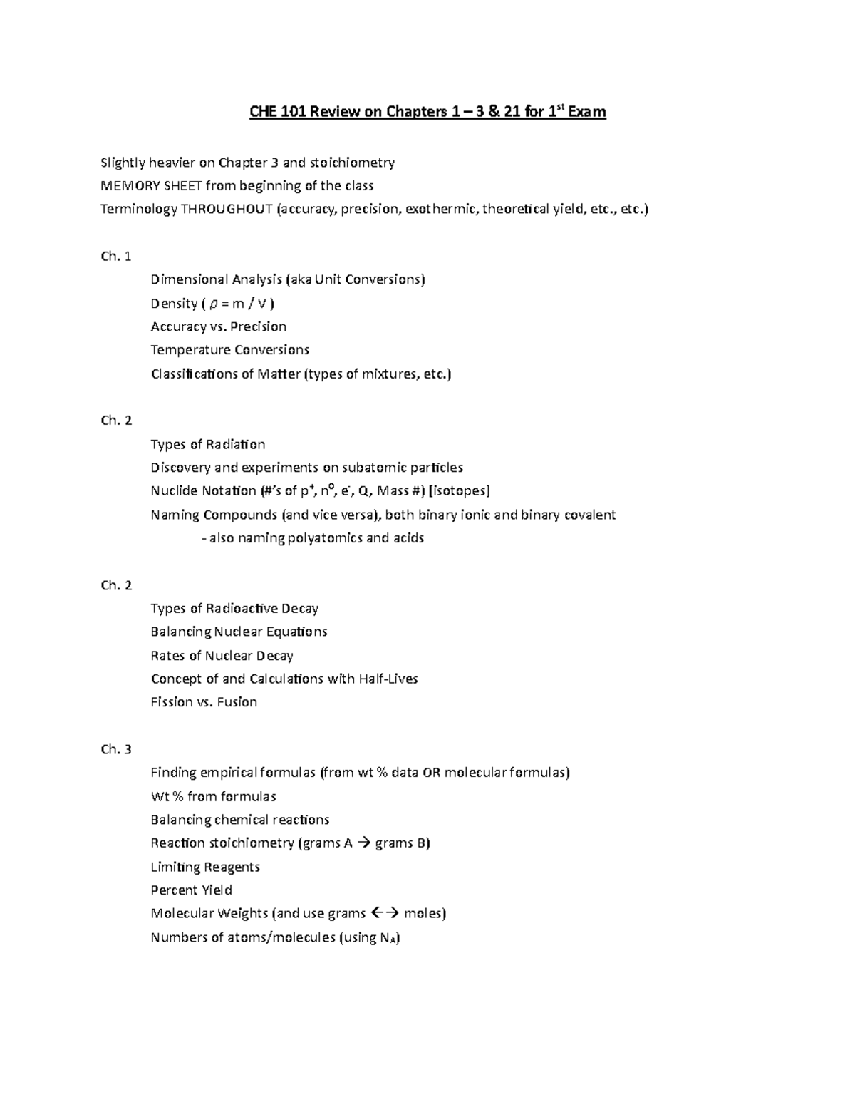 CHE101 Ch1-3 n 21 Review Sheet - CHE 101 Review on Chapters 1 3 21 for ...