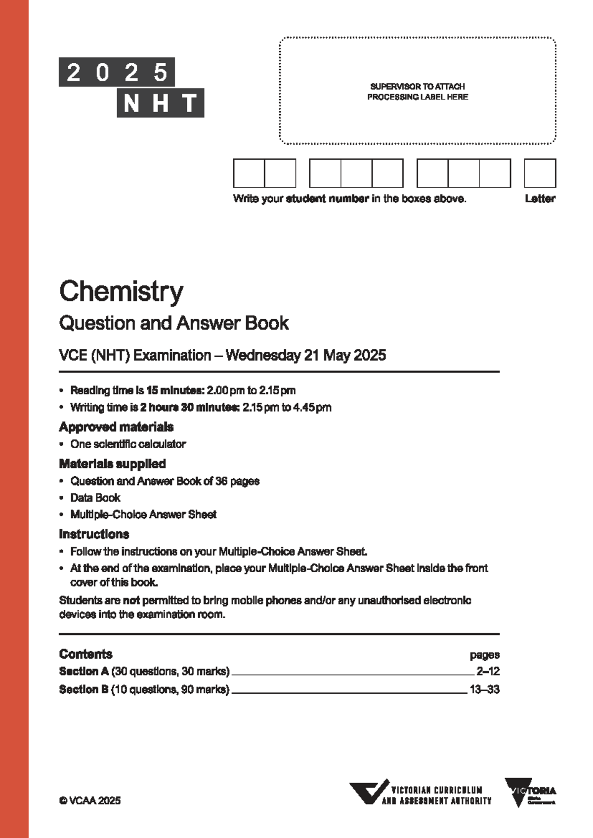 2025 VCE (NHT) Chemistry Exam Question and Answer Book - Studocu