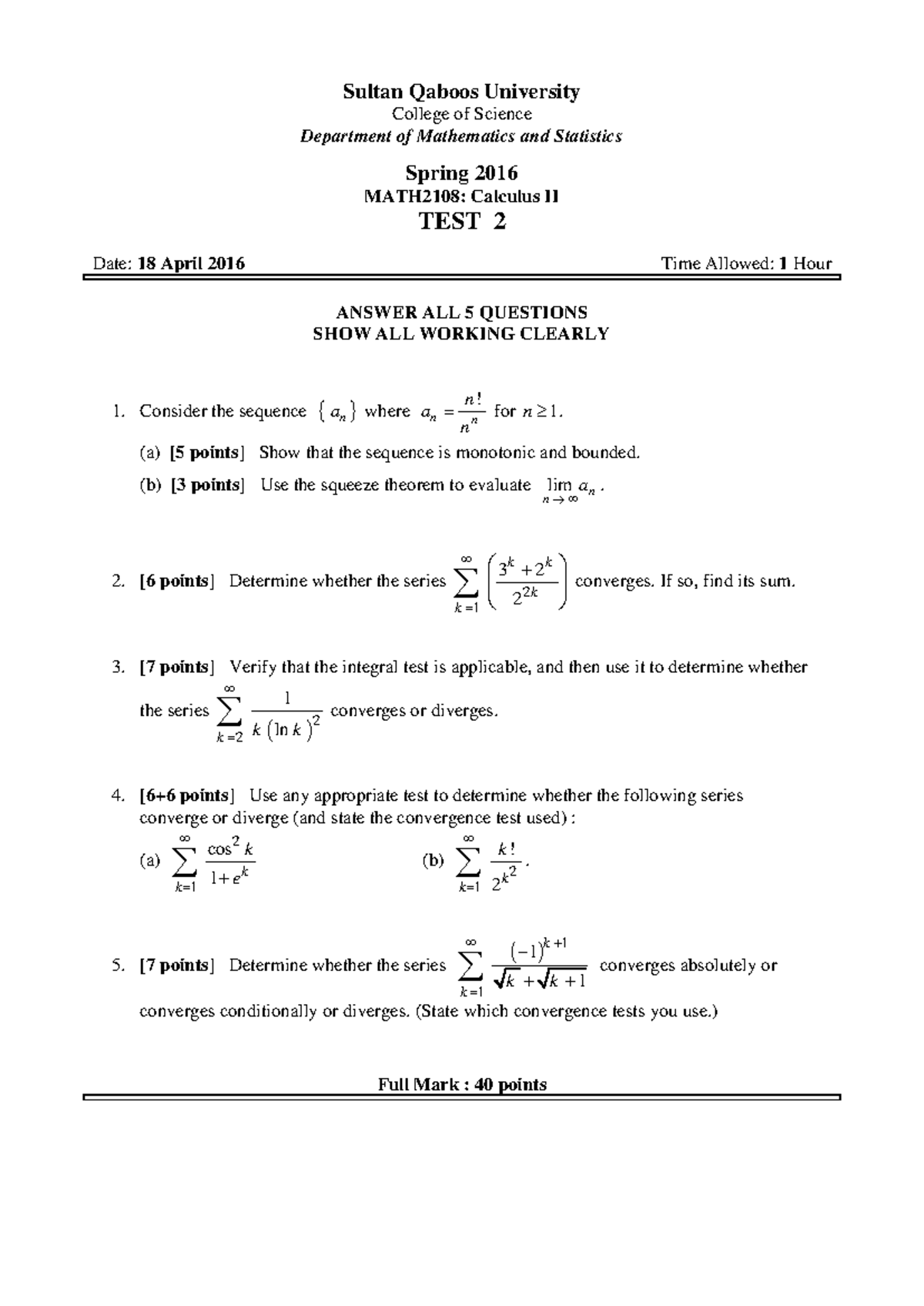 Spring 2016 MATH2108: Calculus II Test 2 model solution and tutorial ...