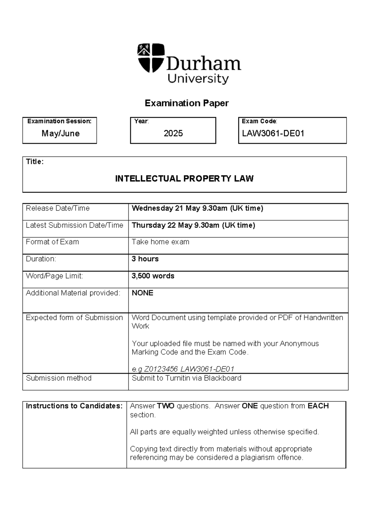 INTELLECTUAL PROPERTY LAW EXAM 213061 - June 2025 Take-Home Paper - Studocu