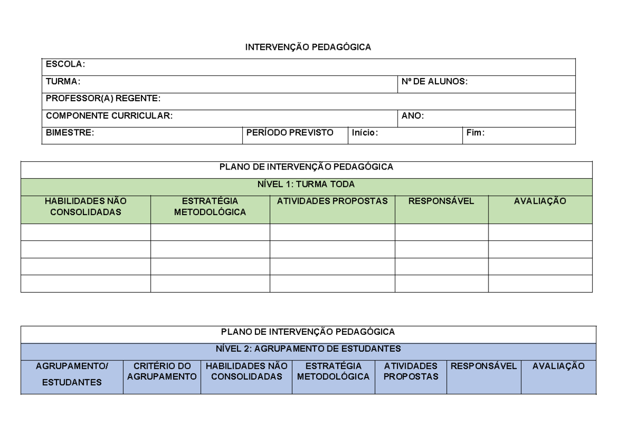 Modelo de Plano de Intervenção Pedagógica - INTERVENÇÃO PEDAGÓGICA ...