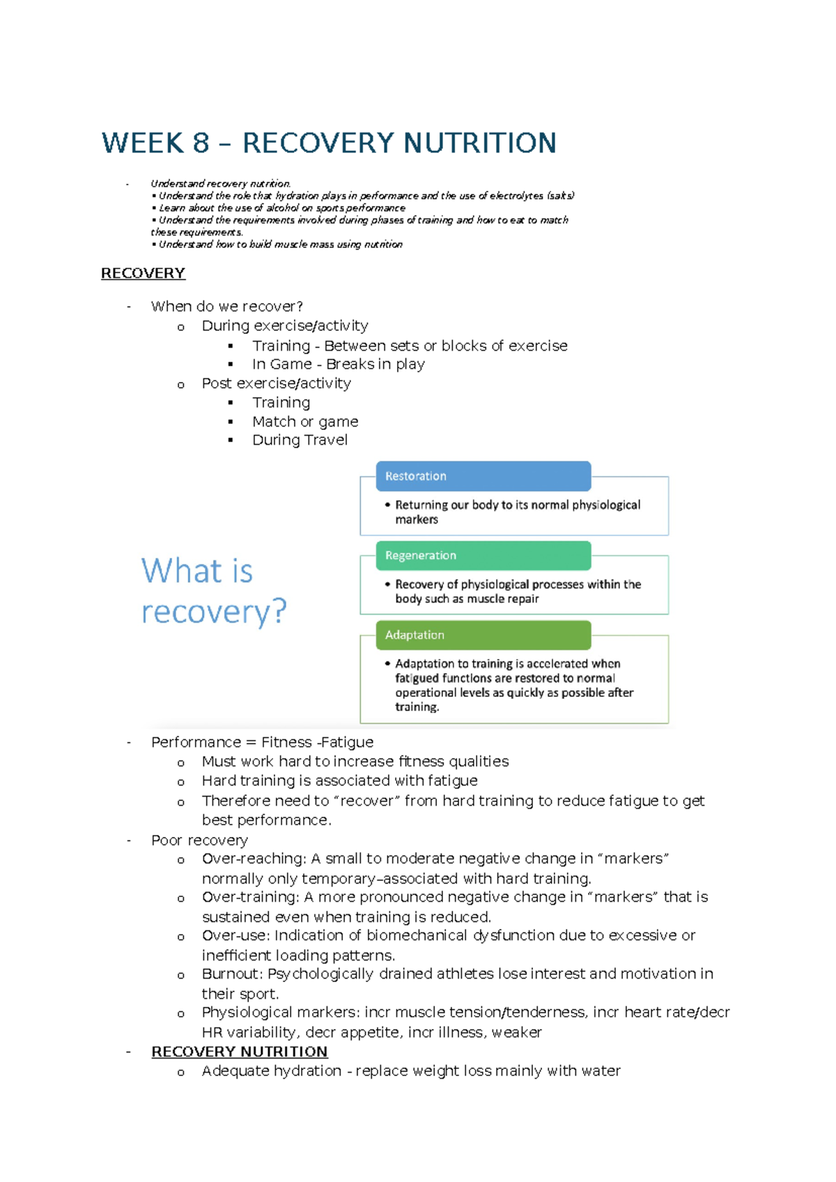 WEEK 8 EDGU - Week 8 lecture notes - WEEK 8 – RECOVERY NUTRITION ...