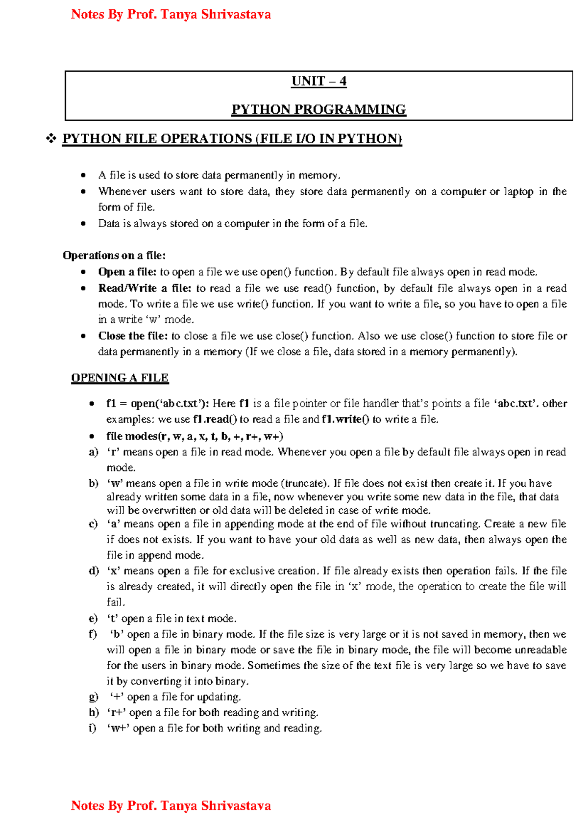 UNIT 4: Python Programming - File Operations and Management - Studocu