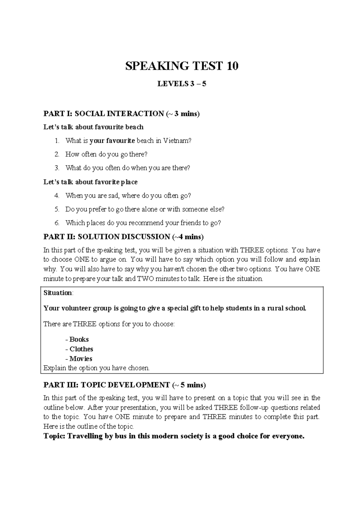 SPEAKING TEST 10 & 11 LEVELS 3-5: Mock Practice Sessions - Studocu