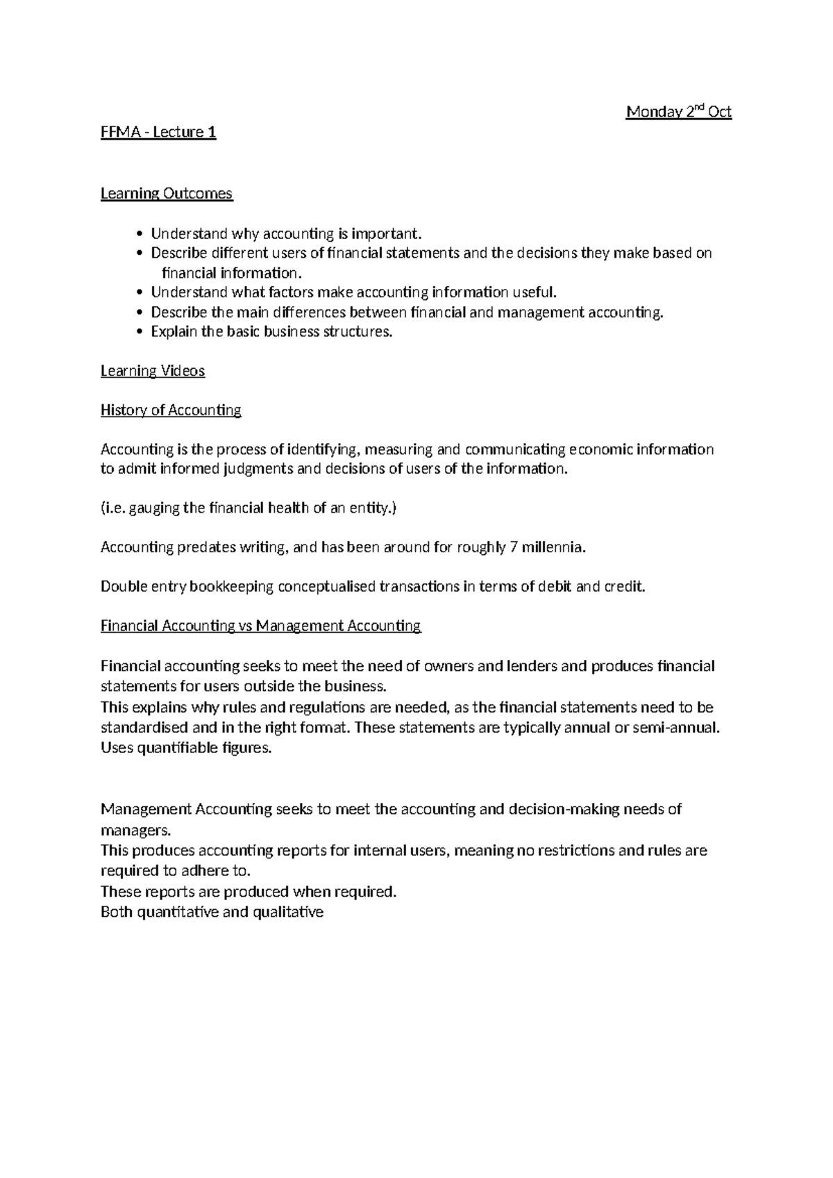 FFMA Lecture 1: Understanding Accounting Fundamentals and Users - Studocu