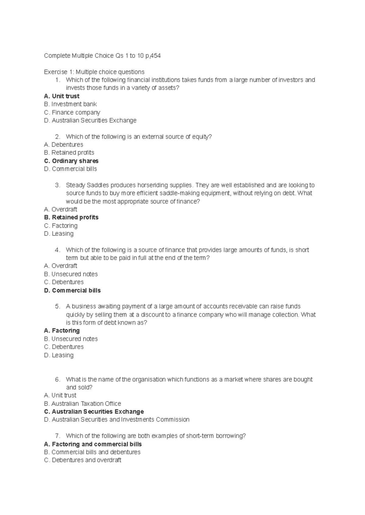 Finance questions - multiple choice with answers for business practice ...