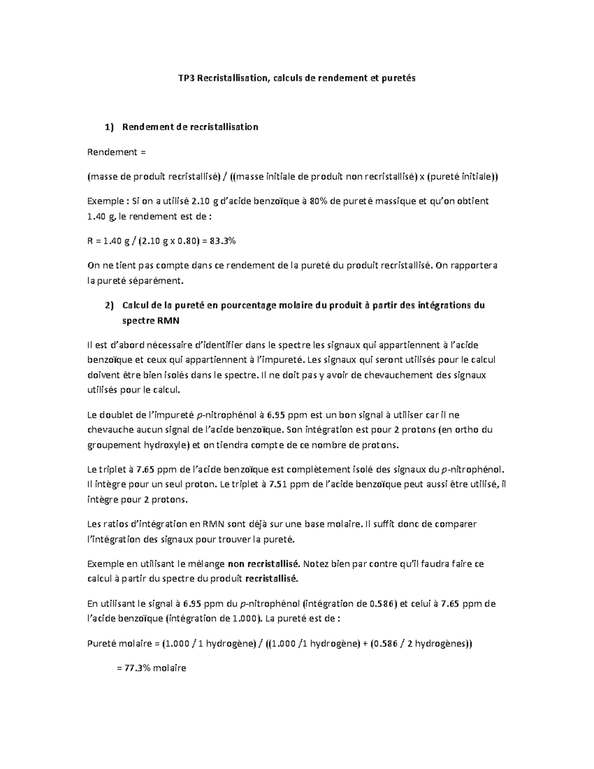 TP3 Recristallisation: Rendement et Pureté des Produits - Studocu