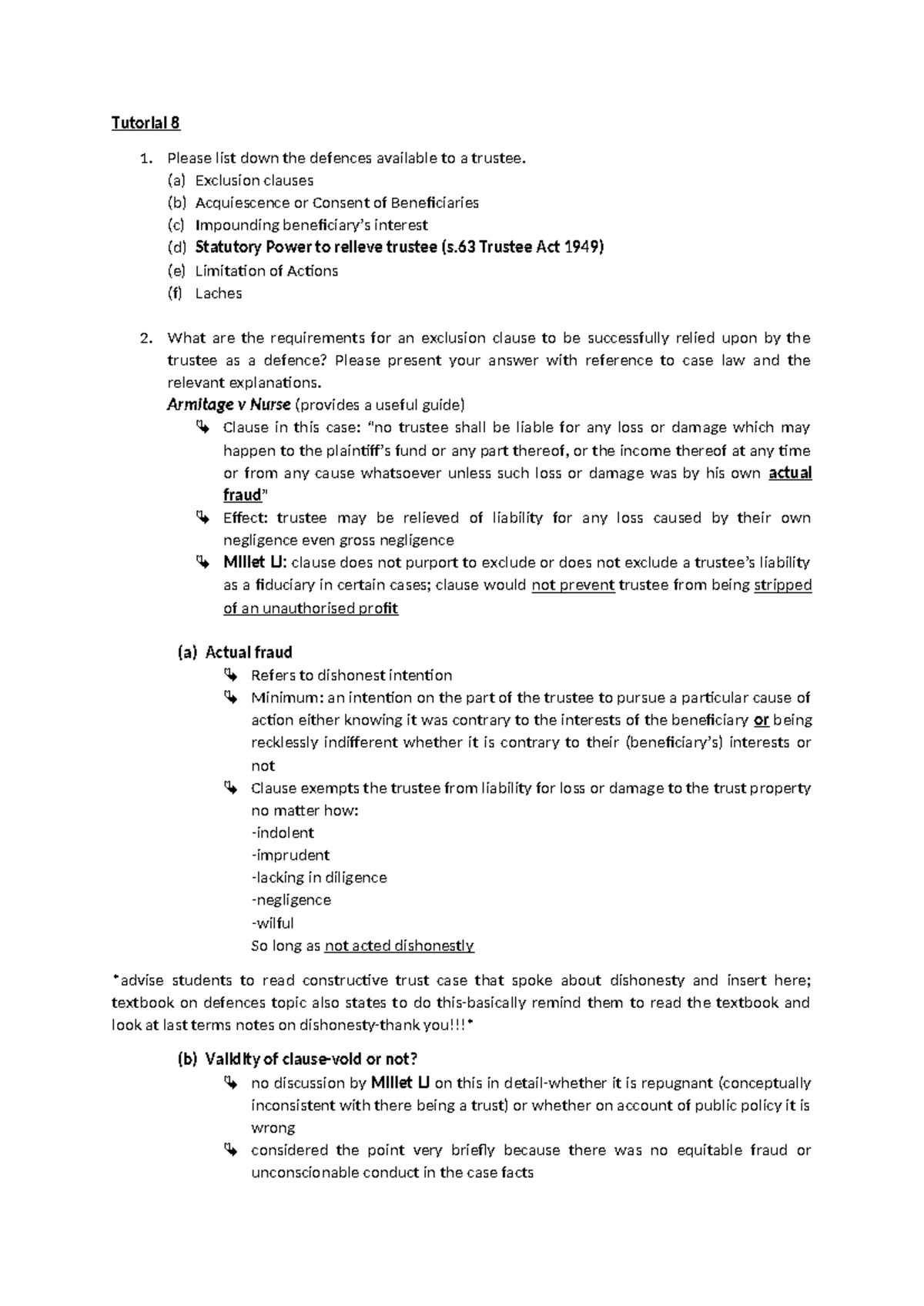 Tutorial 8: Defences Available to Trustees and Relevant Case Law - Studocu
