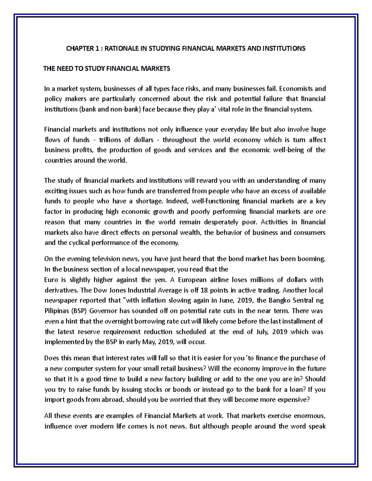 Rationale IN Studying Financial Markets AND Institutions - CHAPTER 1 ...