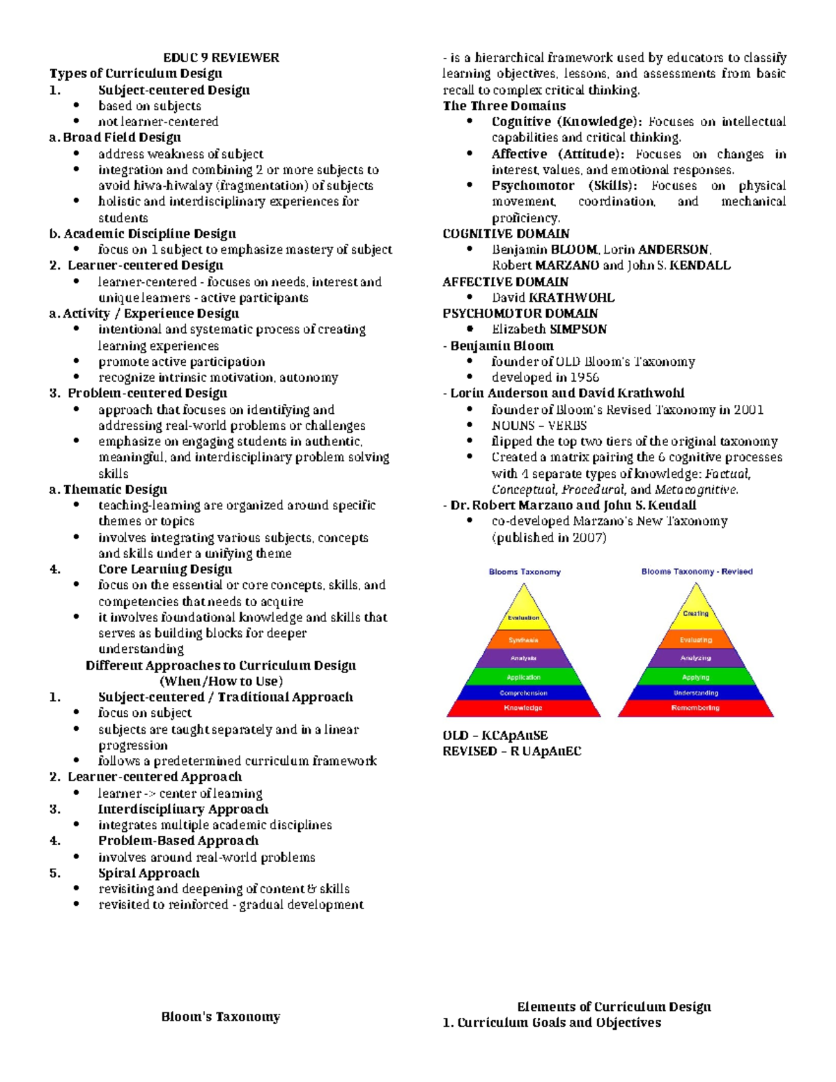 EDUC 9 REVIEWER: Types and Approaches to Curriculum Design - Studocu