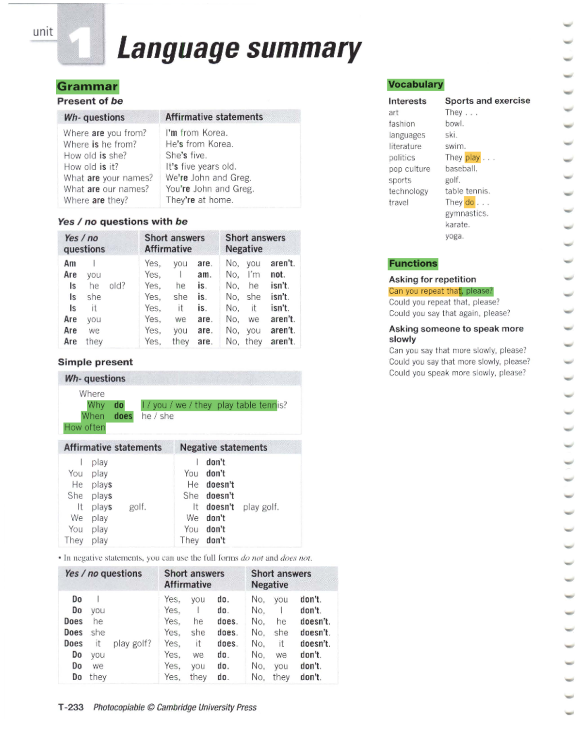 Language summary - Language summary Grammar Pr esent of be Wh ...