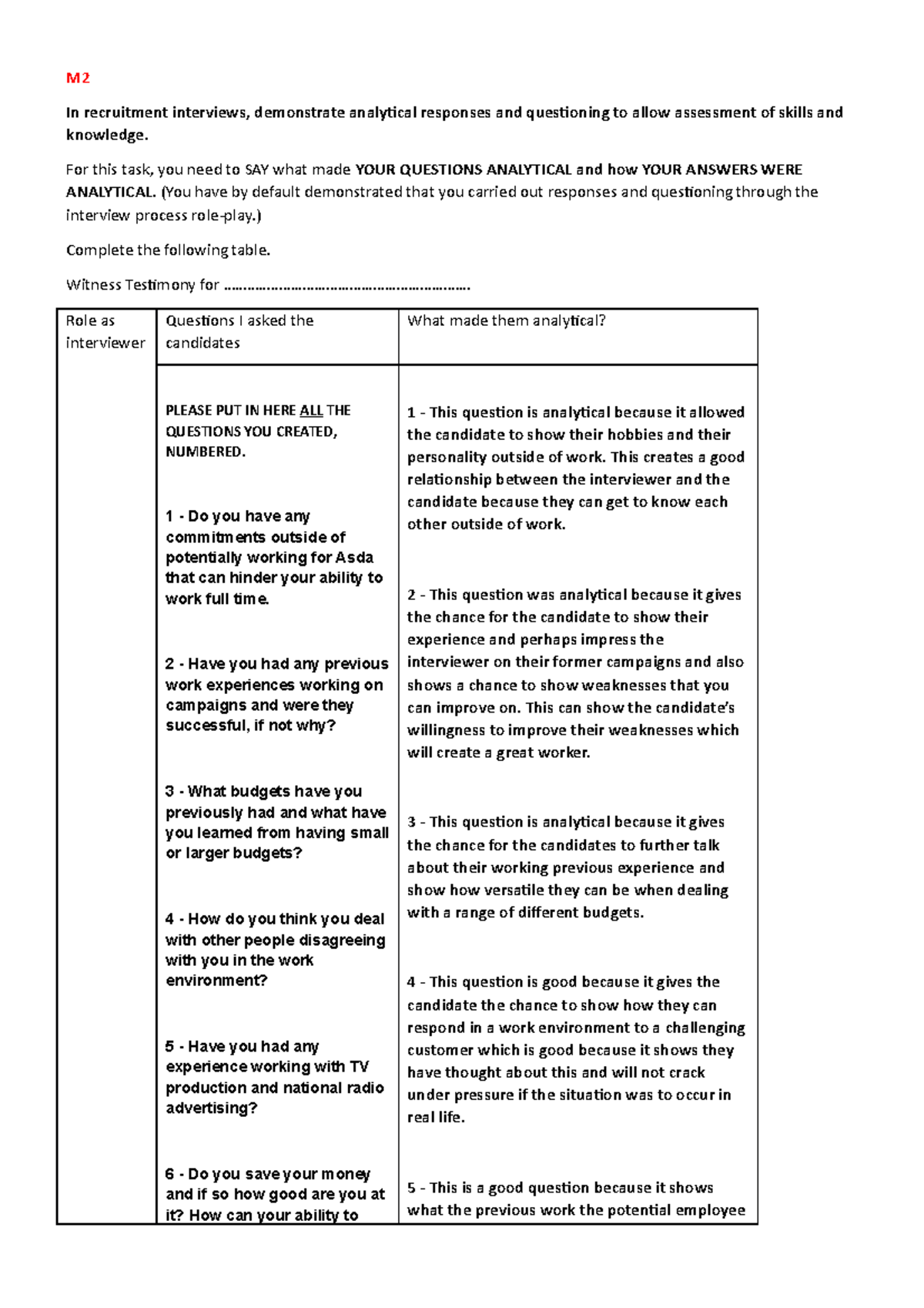 M2 Form: Analytical Interview Questions & Responses Guide - Studocu