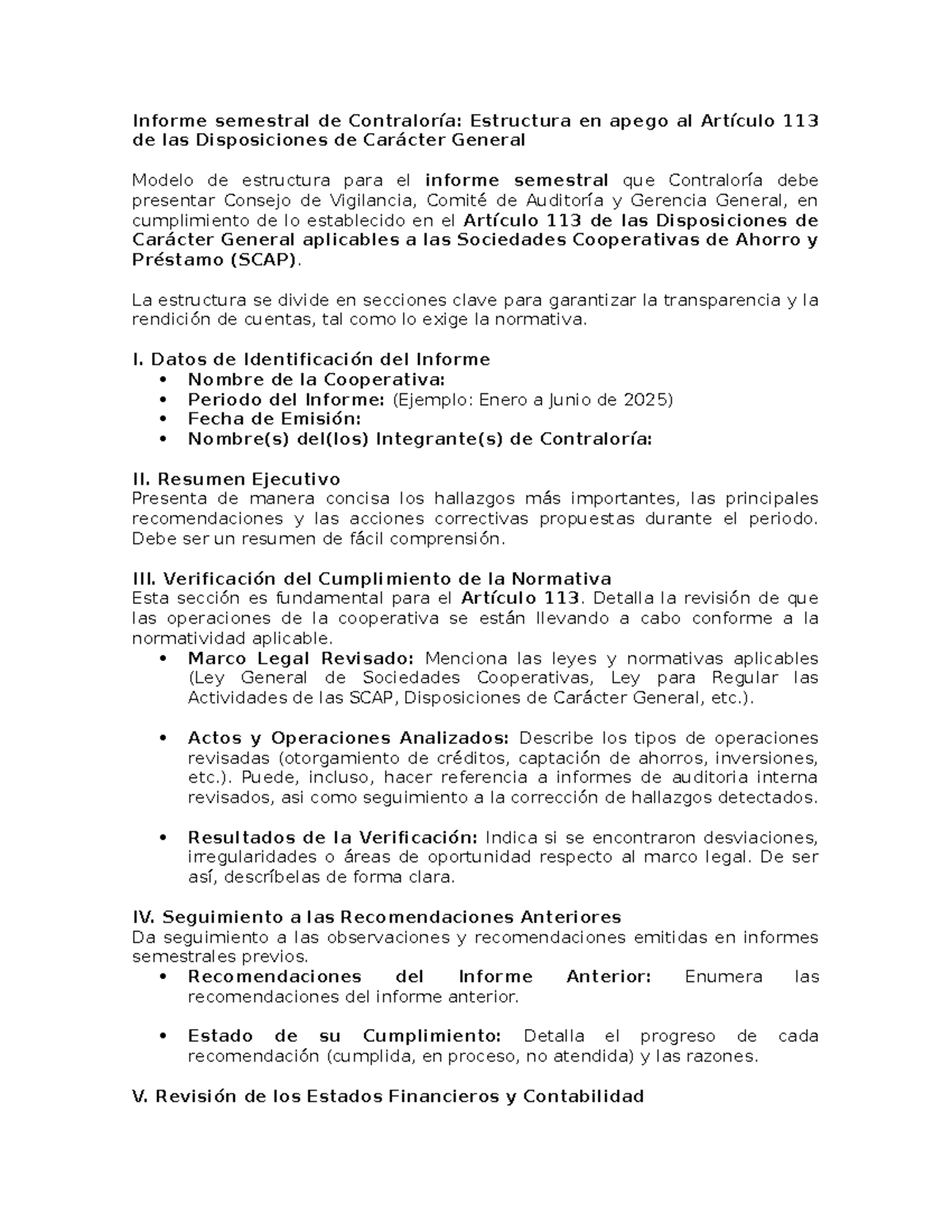 Guía para el Informe Semestral de Contraloría según Art. 113 - Studocu