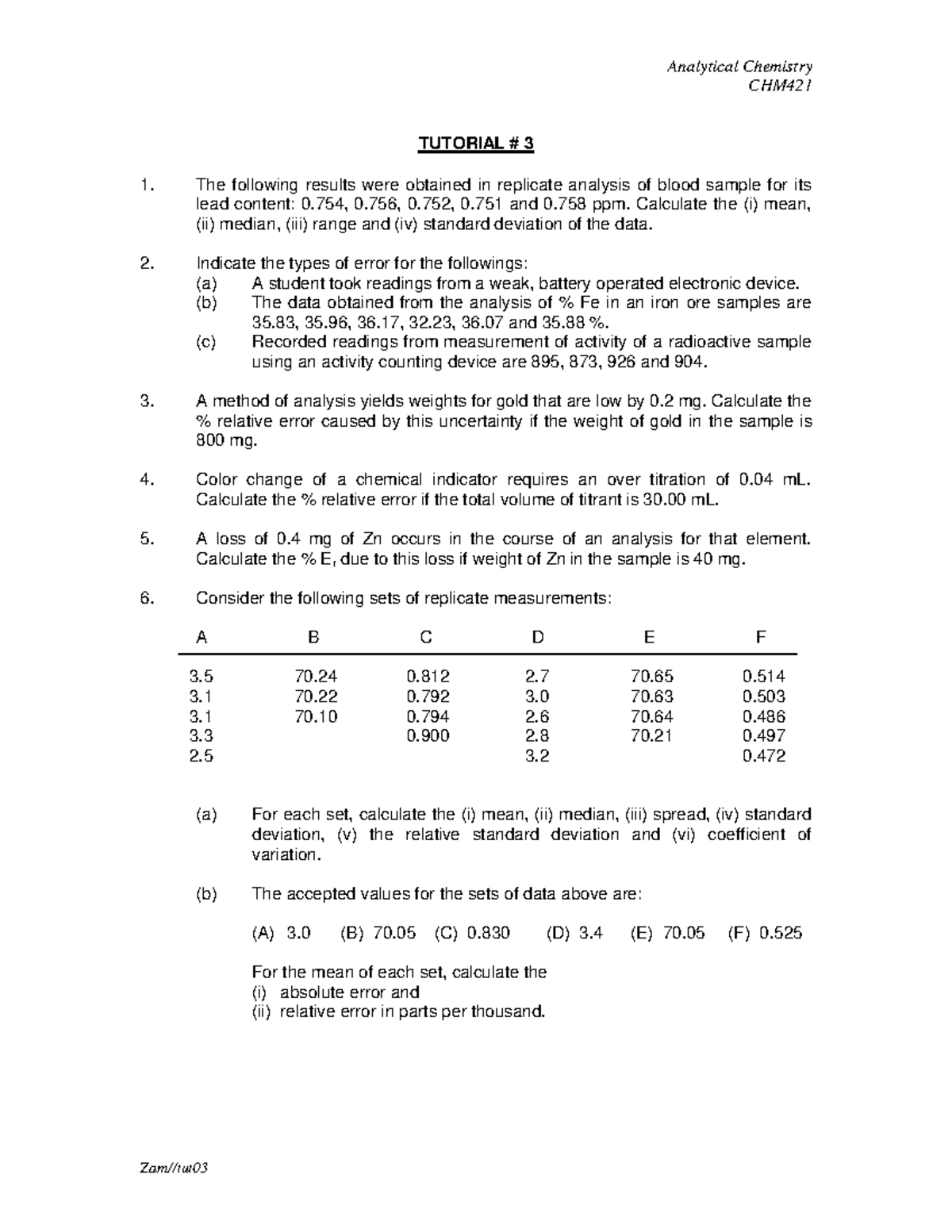 Analytical Chemistry CHM421 Tutorial 3: Statistical Analysis of Data ...