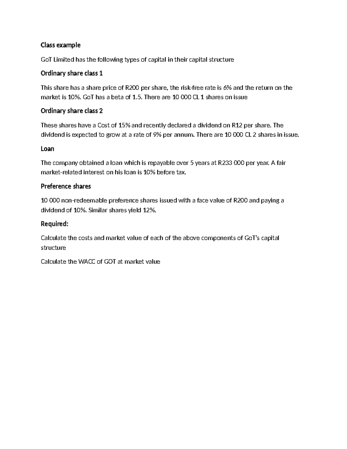 Class Example - Capital Structure Analysis for GoT Ltd. - Studocu